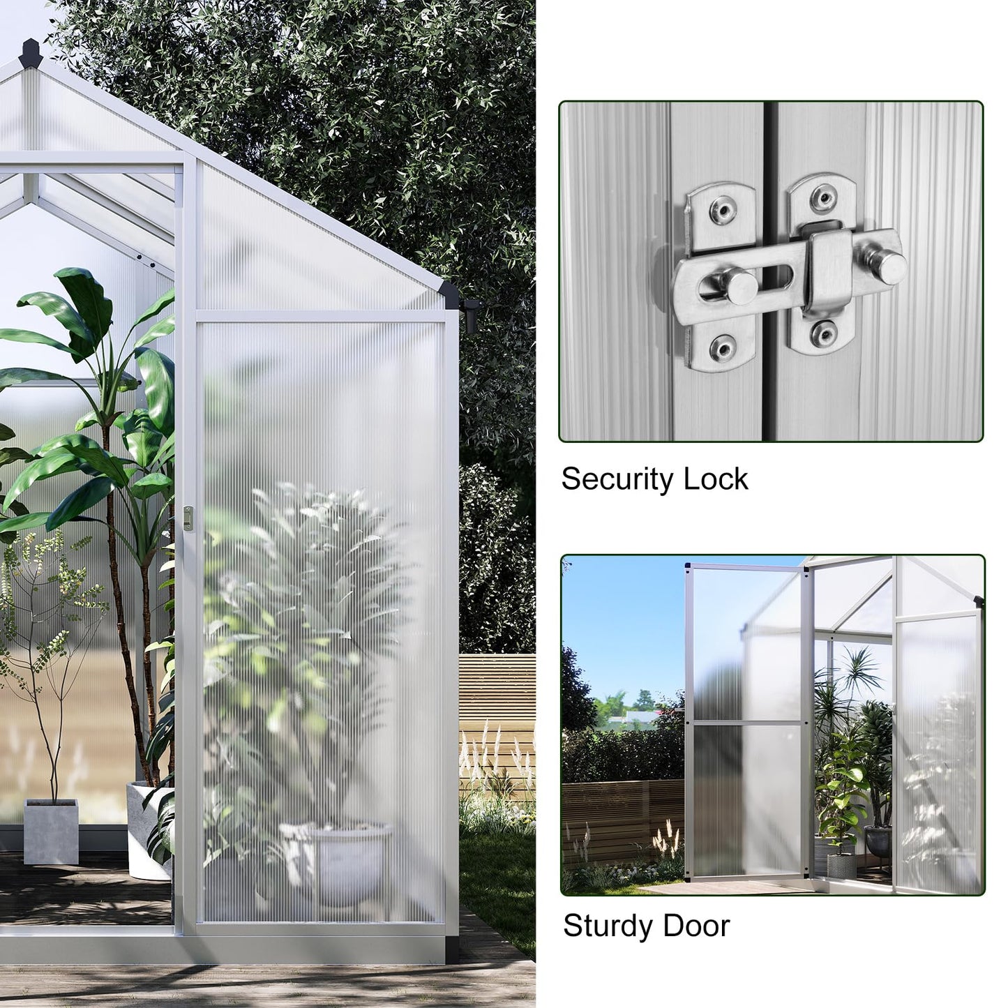 6x6 FT Greenhouse for Outdoors, Polycarbonate Greenhouse with Quick Setup Structure and Roof Vent, Aluminum Large Walk-in Greenhouse for Outside Garden Backyard, Silver