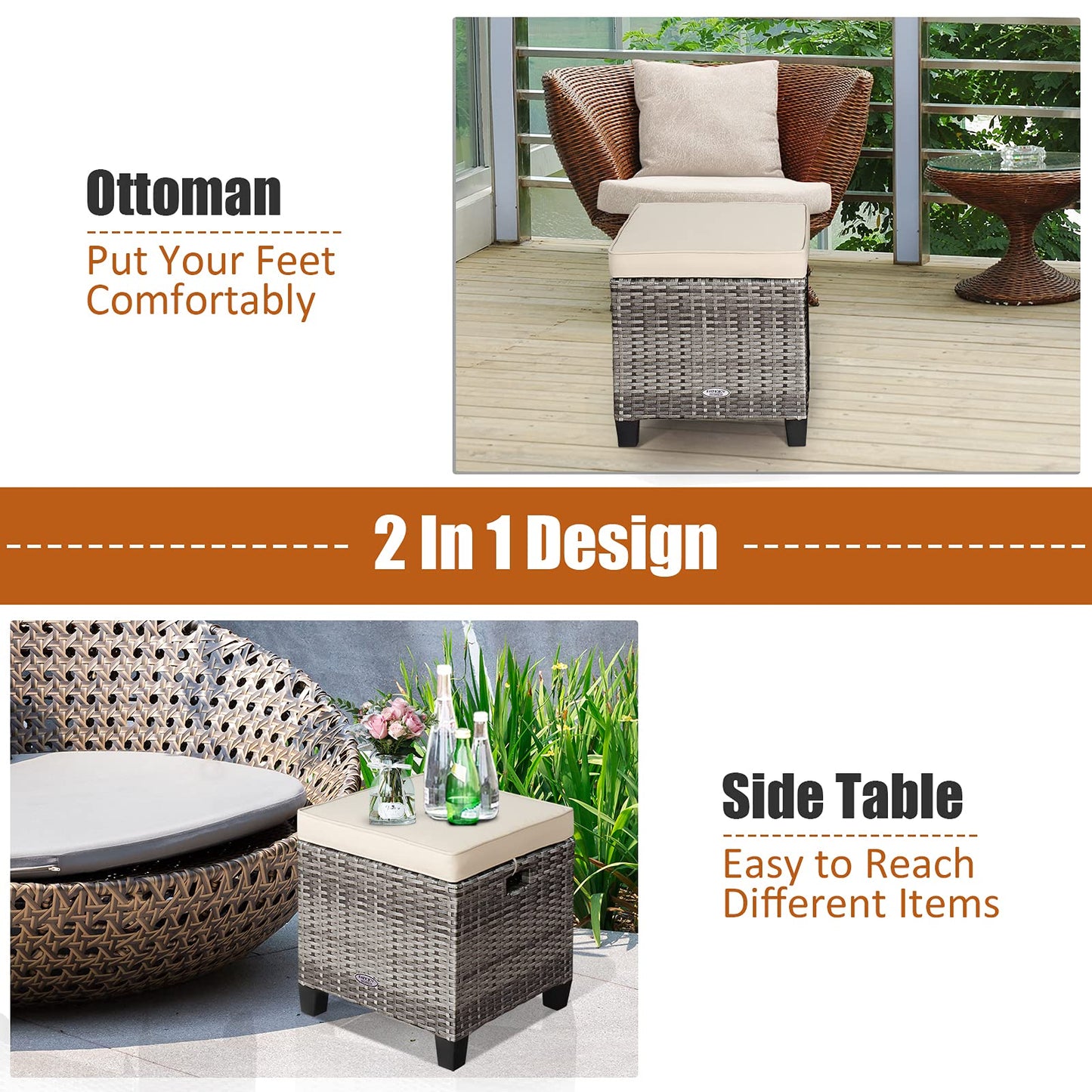 RELAX4LIFE 2-Piece Patio Rattan Ottomans - Outdoor Wicker Furniture w/ 2 Footrest Stools, Comfortable Cushions & Steel Metal Frame, All-Weather Patio Set for Backyard,Garden (White)