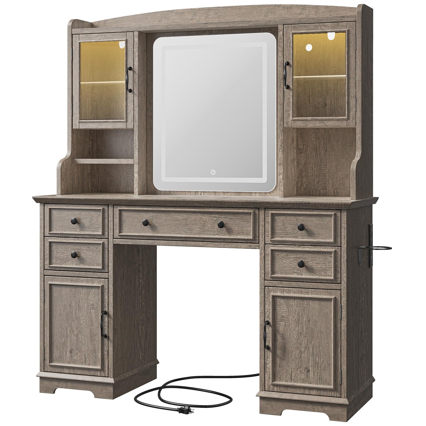 EnHomee Vanity Desk with Mirror and Lights, Large Makeup Table Set with RGB Cabinets, 5 Drawers and 6 Storage Shelves Dressing Table for Bedroom Dressing Room, Light Oak