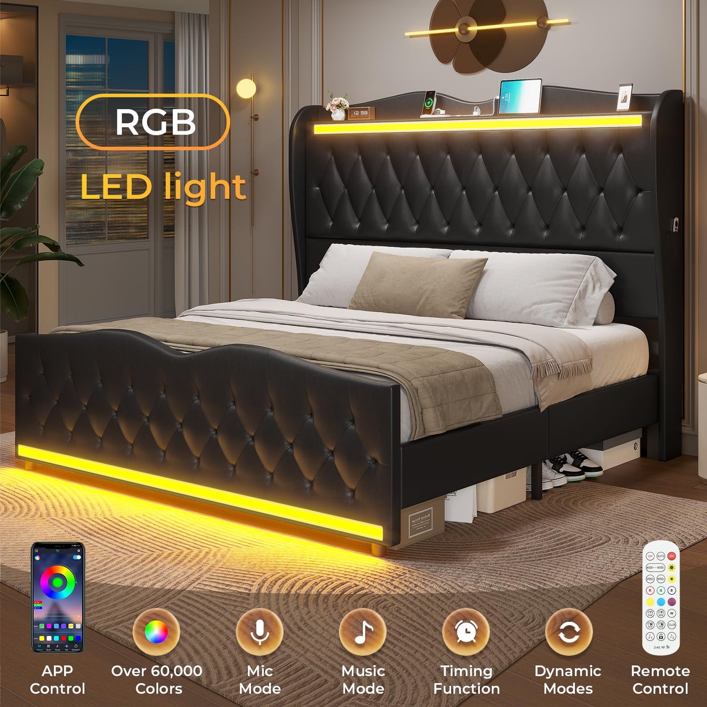 ADORNEVE King Bed Frame with Tall Wingback Headboard and LED Lights, Pu Leather Upholstered Platform Bed King with Headboard Storage, Charging Station, Solid Wood Slats, No Box Spring Needed, Black