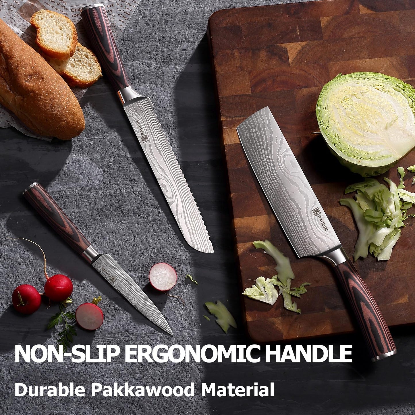 PAUDIN Chef Knife Set, 7 Pieces Kitchen Knife Set, High Carbon Stainless Steel, Ultra Sharp Knife Set, Professional Knives Set for Kitchen with Pakkawood Handle