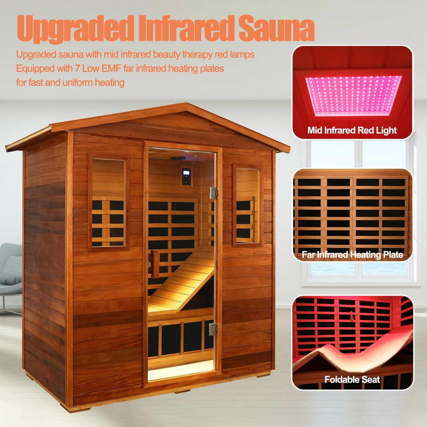 SALUSHEAT 3 Person Sauna Outdoor Sauna Far Infrared Saunas Low EMF Infrared Sauna for Home 1950W Indoor Sauna Mahogany Wooden Sauna Spa with Beauty Red Light, Foldable Seat, Headrest, Bluetooth