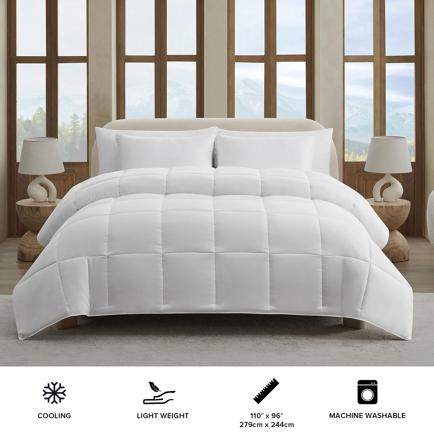 UGG 23743 Aimee King Classic Comforter Hotel Quality Airy Moisture Wicking Cooling Down Alternative Comforter with Corner Tabs for Year Round Warmth and Comfort, King/California King, Bright White