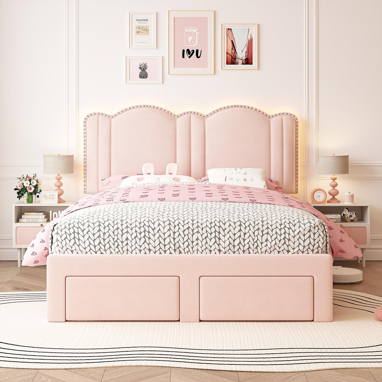 EnHomee Full LED Bed Frame with Storage Drawers,Upholstered Bed Frame with Adjustable Headboard, Princess Platform Bed Frame,Strong Solid Wooden Slats, No Box Spring Required, Easy Assembly, Pink