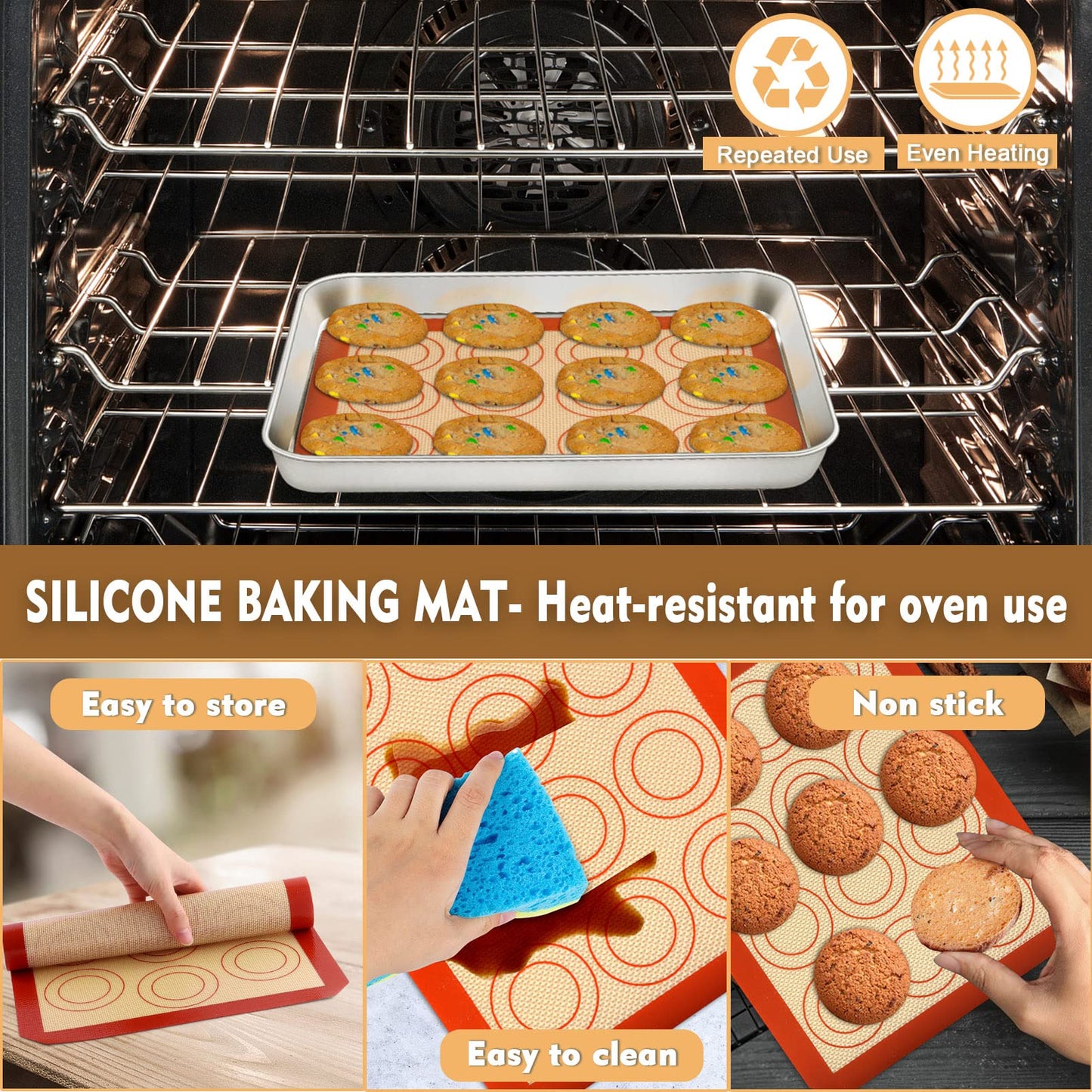 Mini Toaster Oven Pan with Rack & Mat Set, P&P CHEF 9 Inch Stainless Steel Small Toaster Oven Tray with Wire Rack & Silicone Mat for Small Oven & One Person Use, Easy to Clean & Durable, 3Pcs, Oblong