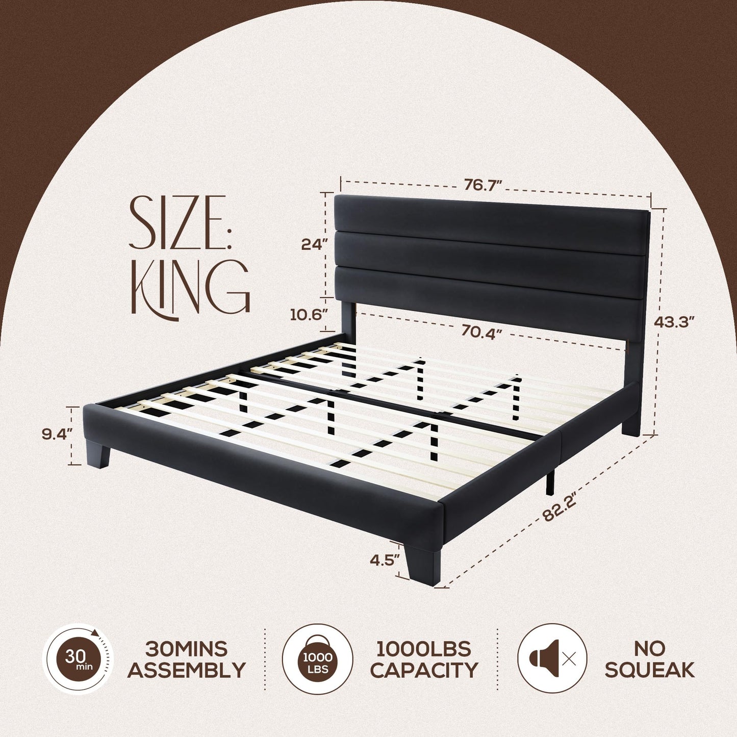 WEEWAY King Bed Frame Platform Bed with Velvet Upholstered Headboard and Wooden Slats Support, Heavy Duty Mattress Foundation, No Box Spring Needed, Easy Assembly, Black