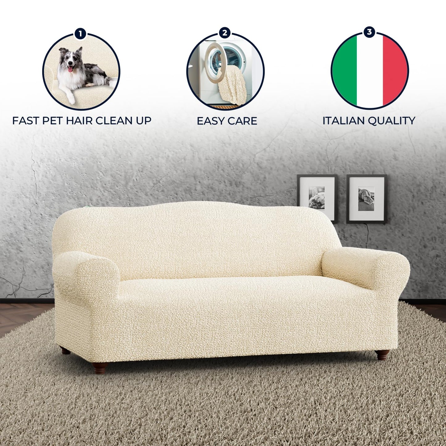 Mamma Mia Covers Sofa Slipcover - Stretch Couch Cover - Stylish Cushion Sofa Cover - Soft Polyester Fabric Slip Cover - 1-Piece Form Fit Washable Protector for Pet - Mille Righe Collection - Cream