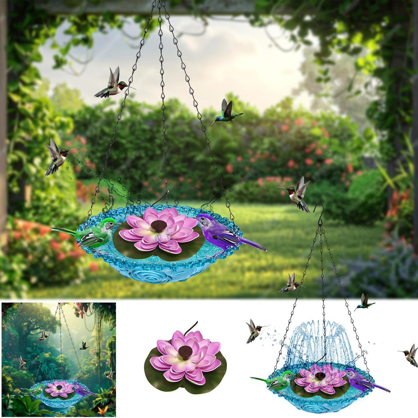 Hanging Bird Bath - Bird Bath Bowl with Solar Fountain Pump - Deck Mount Metal Bird Bath Bowl Powered by Water Fountain Pump for Outdoor Garden - Solar Powered Bird Bath Fountain (Pink)