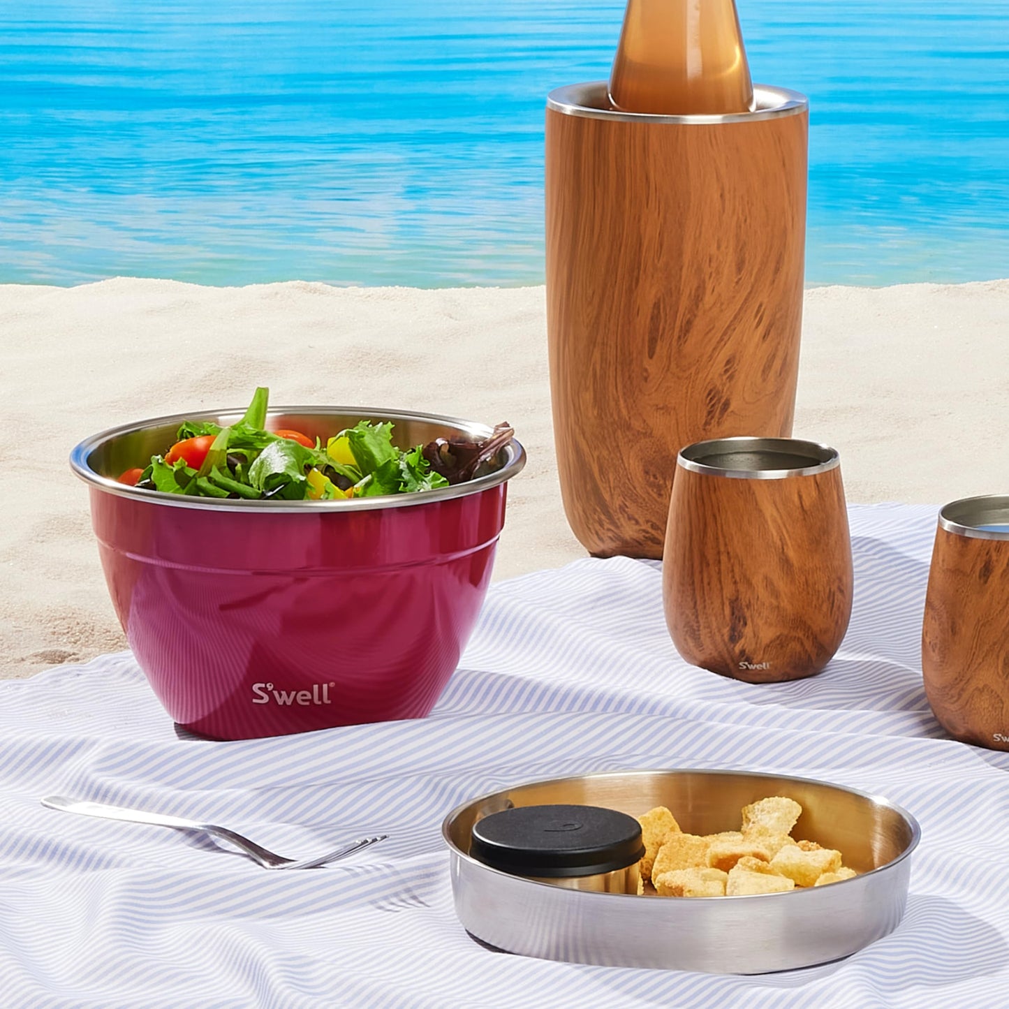 S'well Stainless Steel Salad Bowl Kit 64oz, Wild Cherry, Comes with 2oz Mini Canister and Removable Tray for Organization, Leakproof, Easy to Clean, Dishwasher Safe