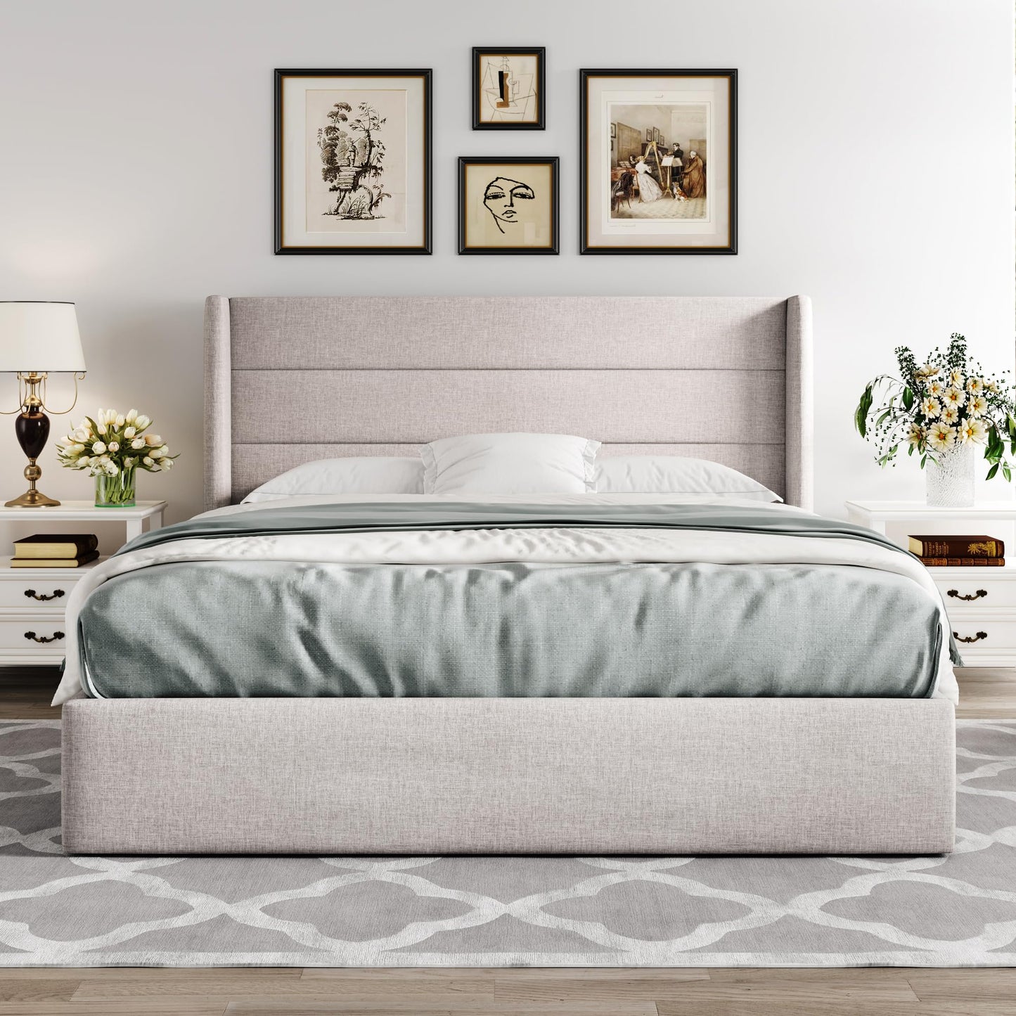 Allewie Full Size Lift Up Storage Bed, Modern Wingback Headboard, No Box Spring Needed, Hydraulic Storage, Light Beige