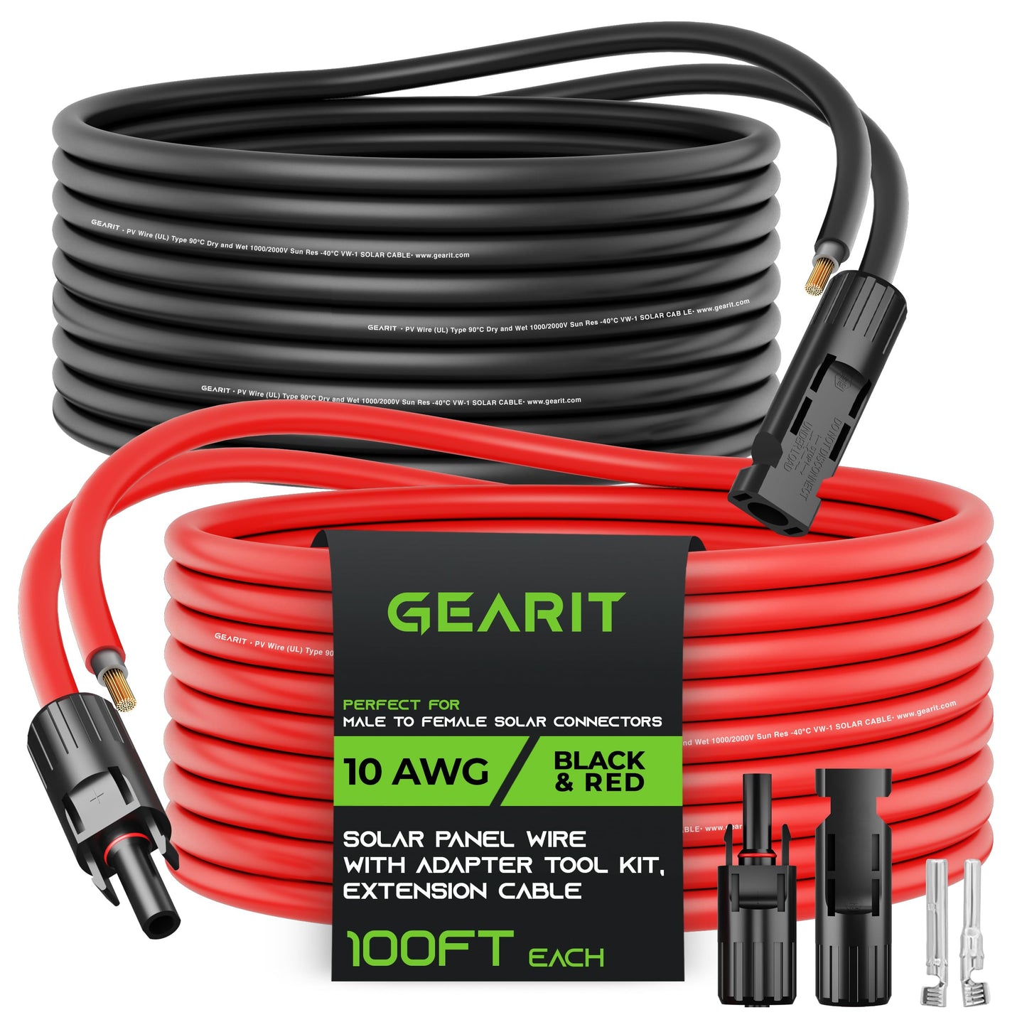 GearIT 10AWG Solar Extension Cable (100FT Black - 100Ft Red) Male to Female Solar Connectors with Adapter Tool Kit, Solar Panel Renewable Energy, 10 Gauge Pure Copper Extension Cord, 100 Feet