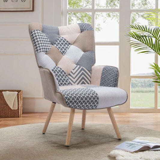 SumKea Patchwork Panache Upholstered Armchair Elegant, Cozy Accent Chair for Living Room, Bedroom, Office Decor, with Unique Multicolor Design, Grey Plaid