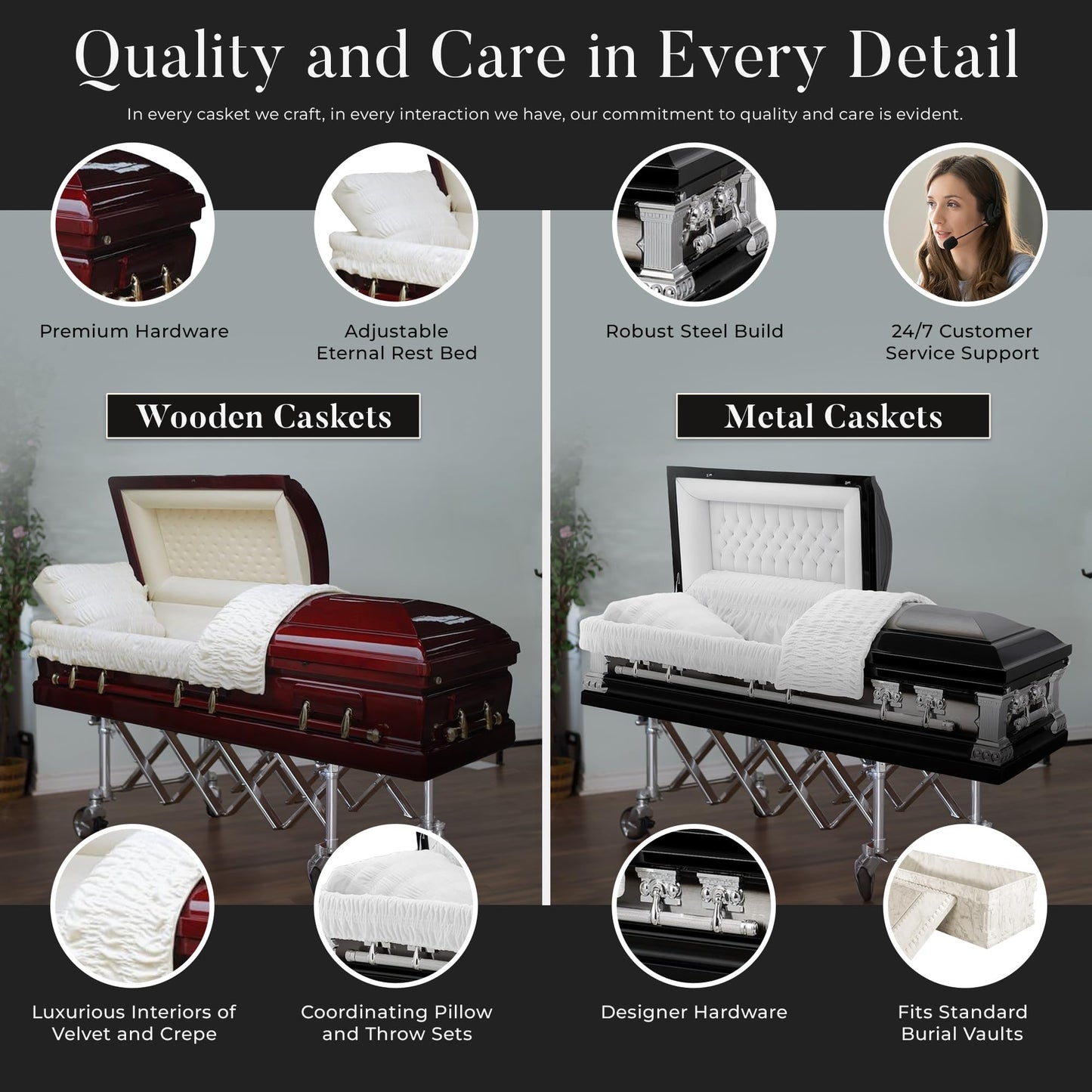 Overnight Caskets in God's Care Metal Funeral Casket with Blue Velvet Interior - 18 Gauge Steel - Fully Appointed Adult Casket - Coffin Featuring Velvet Interior Lining with Pillow and Throw Set