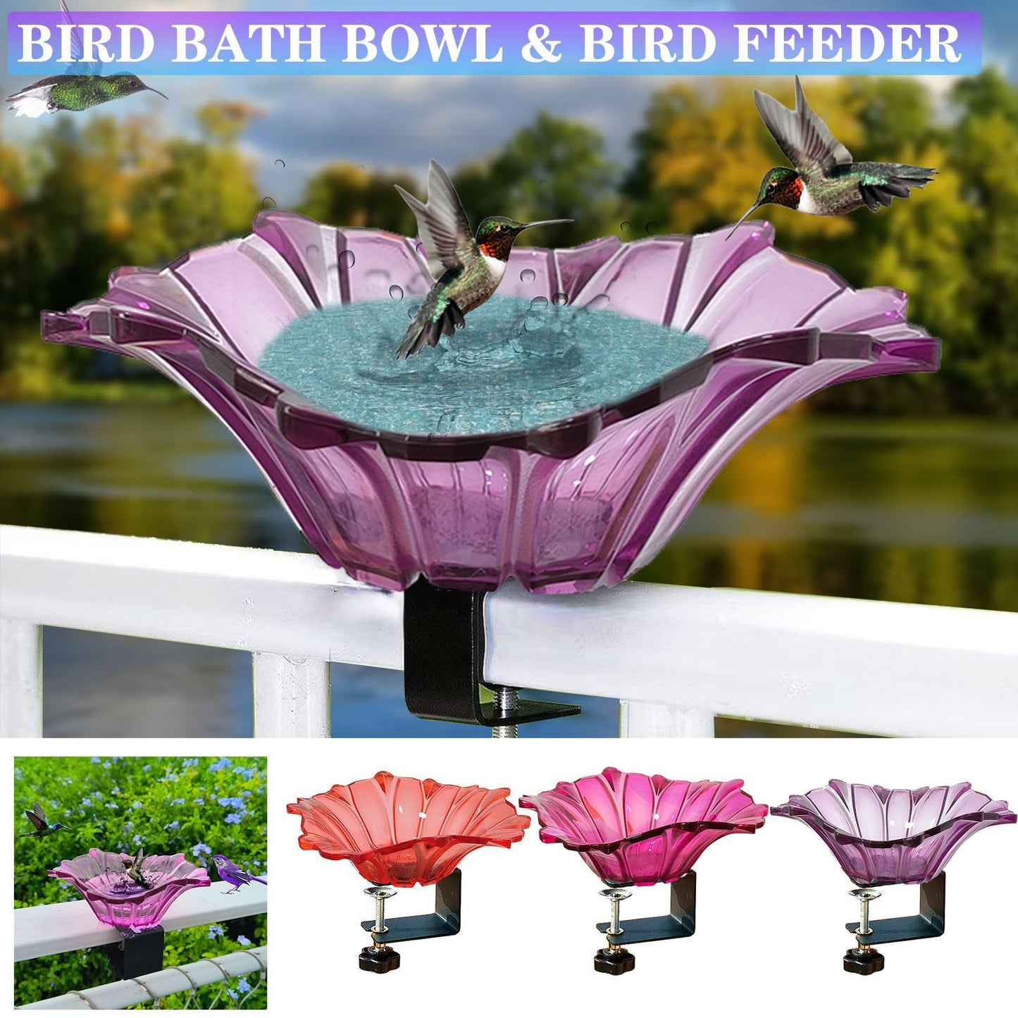 Metal Deck Mounted Bowl Bird Bath for Railing Patio Large Balcony Clearance Modern Bird Water with Stake Clam for Outdoors Garden (Red)