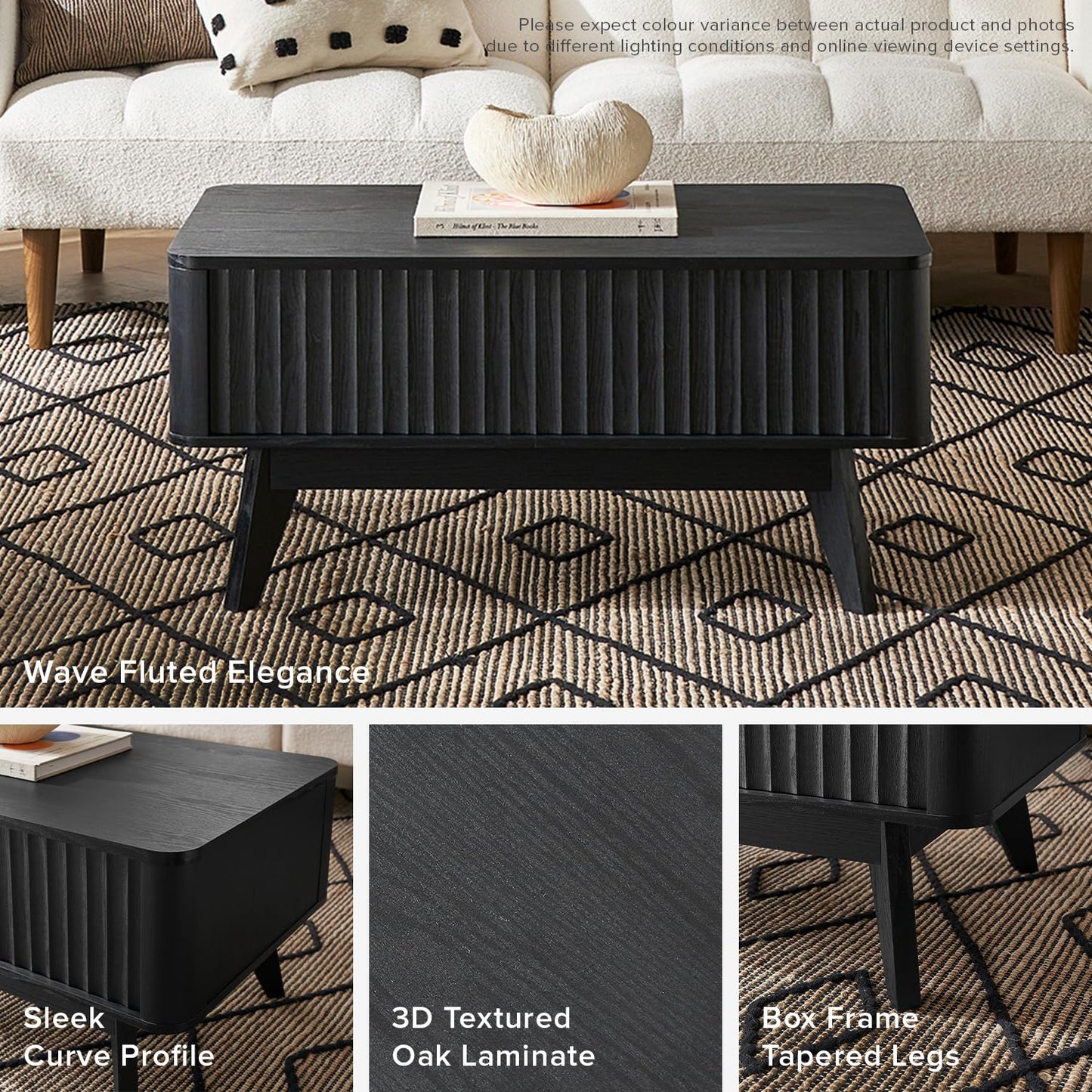 mopio Brooklyn Coffee Table, Lift Top Coffee Tables for Living Room, Mid Century, Modern Farmhouse Center Table with Lifting Top & Hidden Storage, Fluted Panel, Rising Pull Up Dining Table, Black