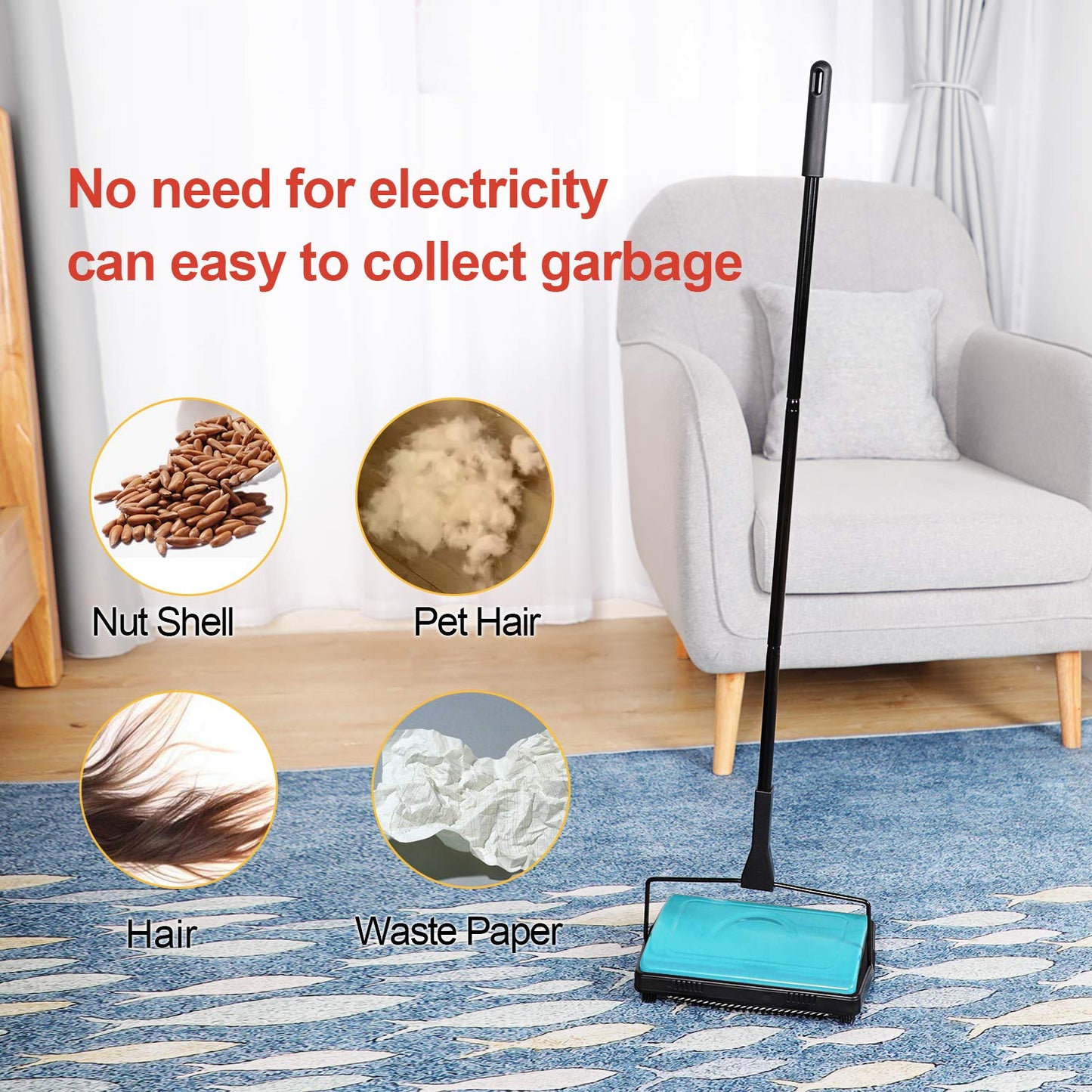 Yocada Carpet Sweeper Cleaner for Home Office Low Carpets Rugs Undercoat Carpets Pet Hair Dust Scraps Paper Small Rubbish Cleaning with a Brush Blue