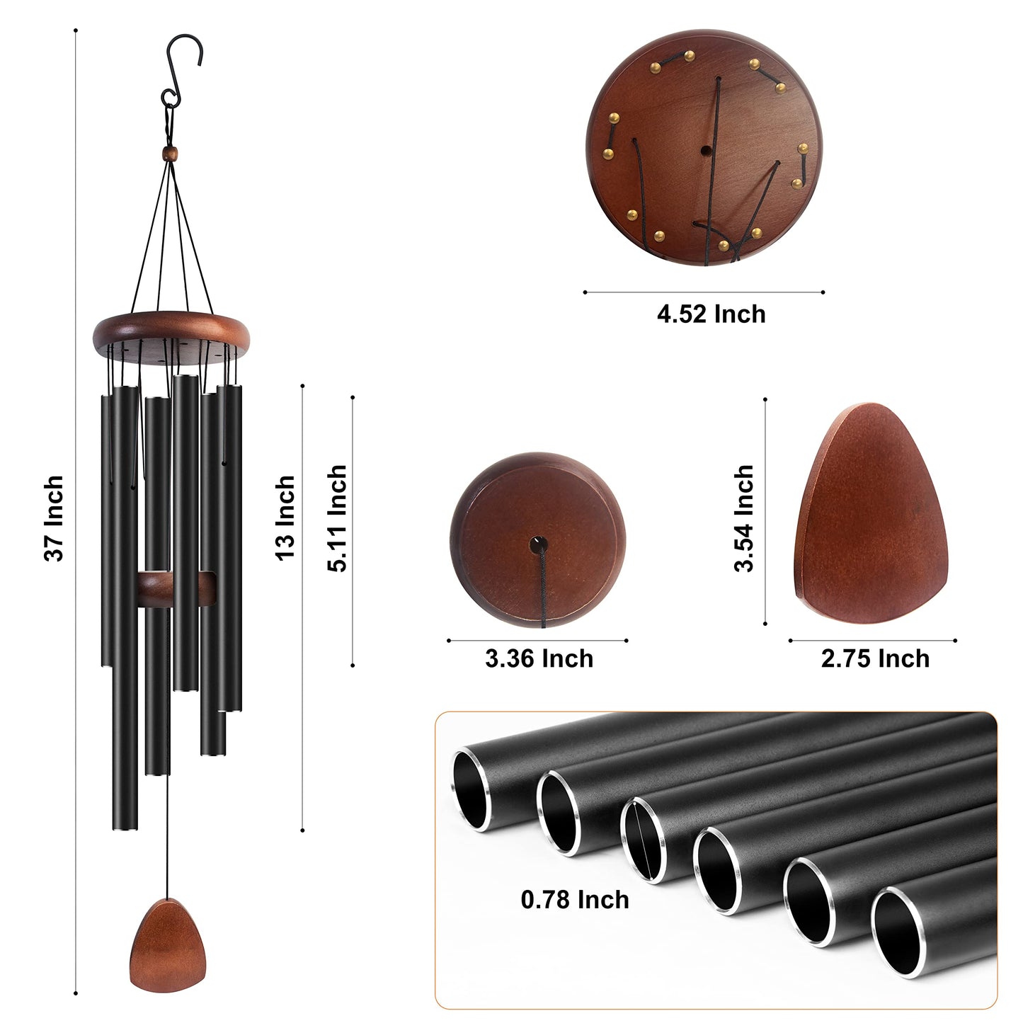 Bursvik Large Aluminium Wind Chimes 37" Inches to Create a Zen Atmosphere Suitable for Outdoor, Garden, Patio Decoration. Classic Black Wind Chimes with Wind Catcher Suitable as A Gift for Unisex