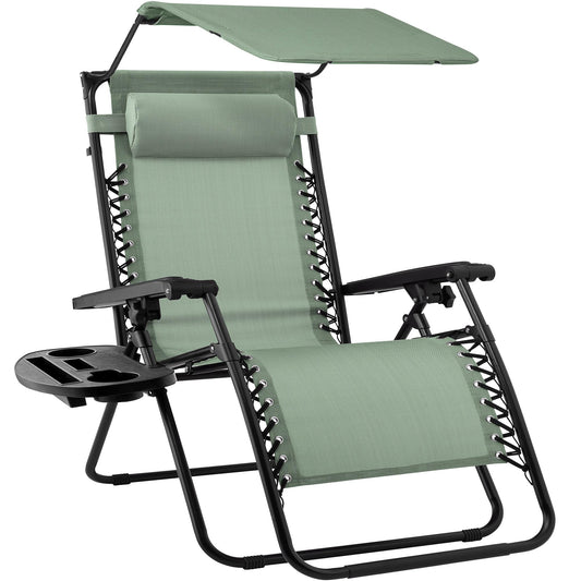 Best Choice Products Folding Zero Gravity Outdoor Recliner Patio Lounge Chair w/Adjustable Canopy Shade, Headrest, Side Accessory Tray, Textilene Mesh - Sage Green