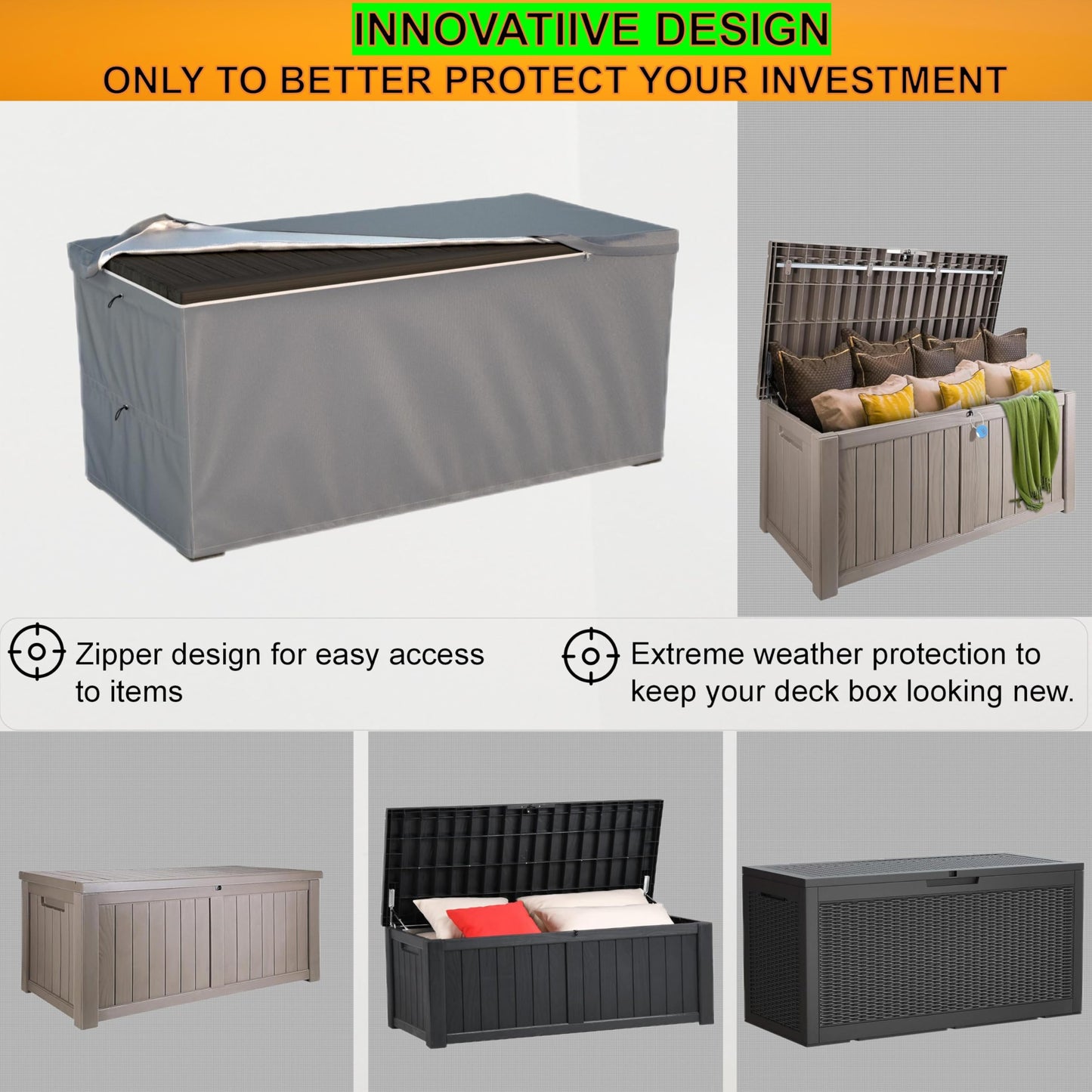 Deck Box Cover, Outdoor Large Storage Box Cover 130 Gallon Deck Box Dust Cover Heavy Duty 600D Oxford Fabric Patio Furniture Cover, Rain, Dust, UV, Wind, Snow Resistant, 52 x26.7 x 28 Inches