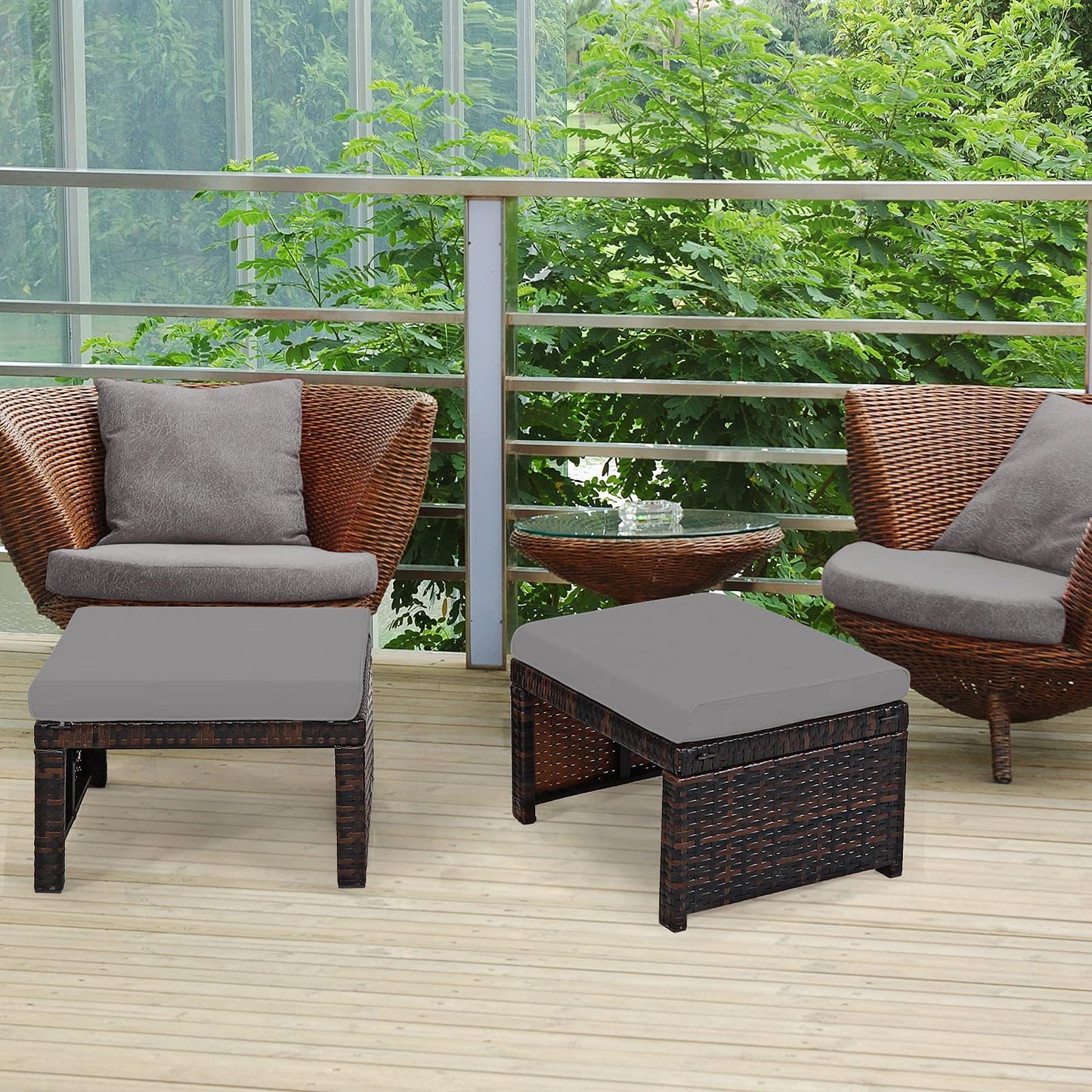 Tangkula 2 Pieces Patio Rattan Ottomans, All Weather Outdoor Footstool Footrest Seat with Soft Cushion, Hidden Zipper, High-Density Sponge, Wicker Ottoman Seat for Patio, Garden, Poolside (Grey)