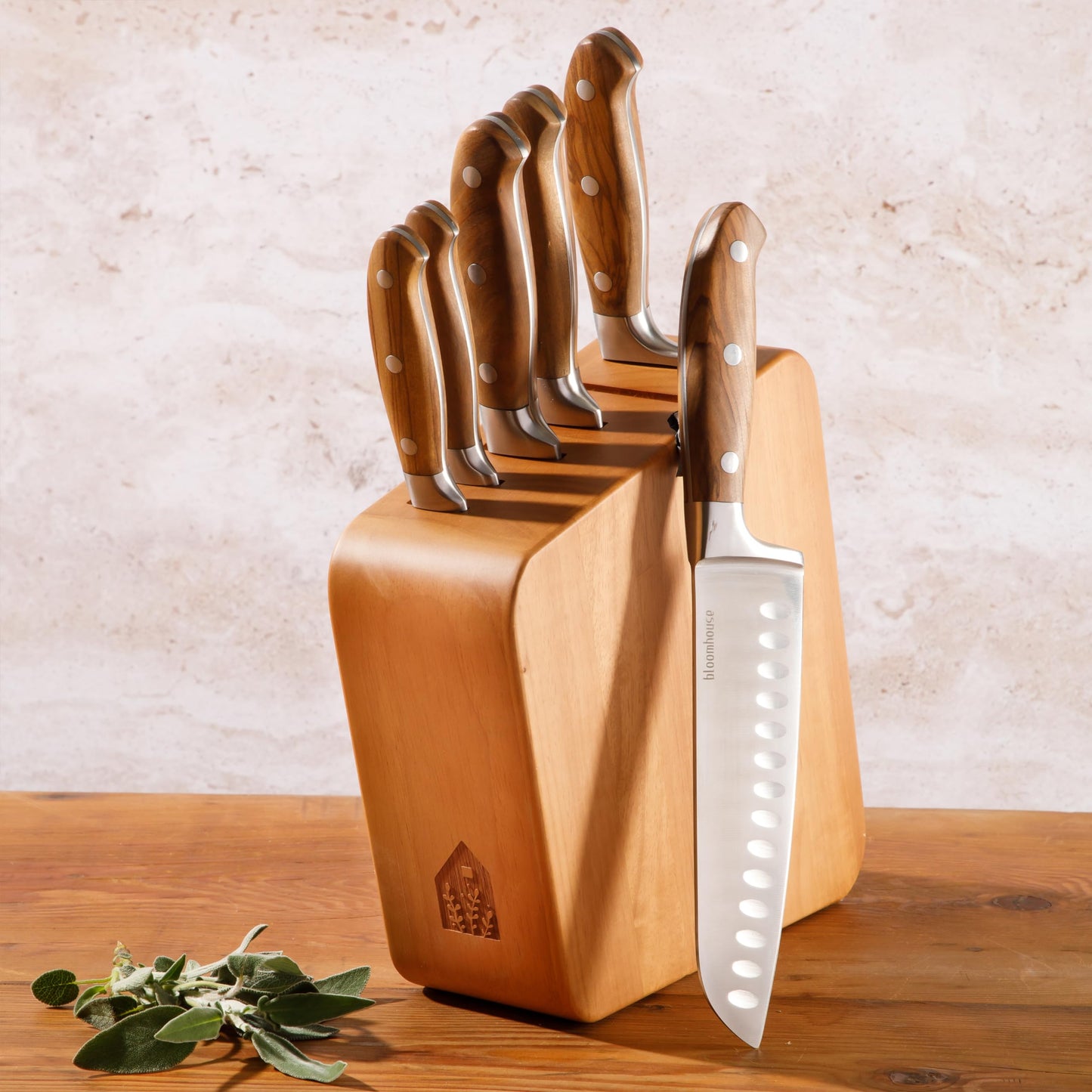 Bloomhouse 7 Piece Italian Olive Wood Knife Block Set w/German Forged Steel Knives