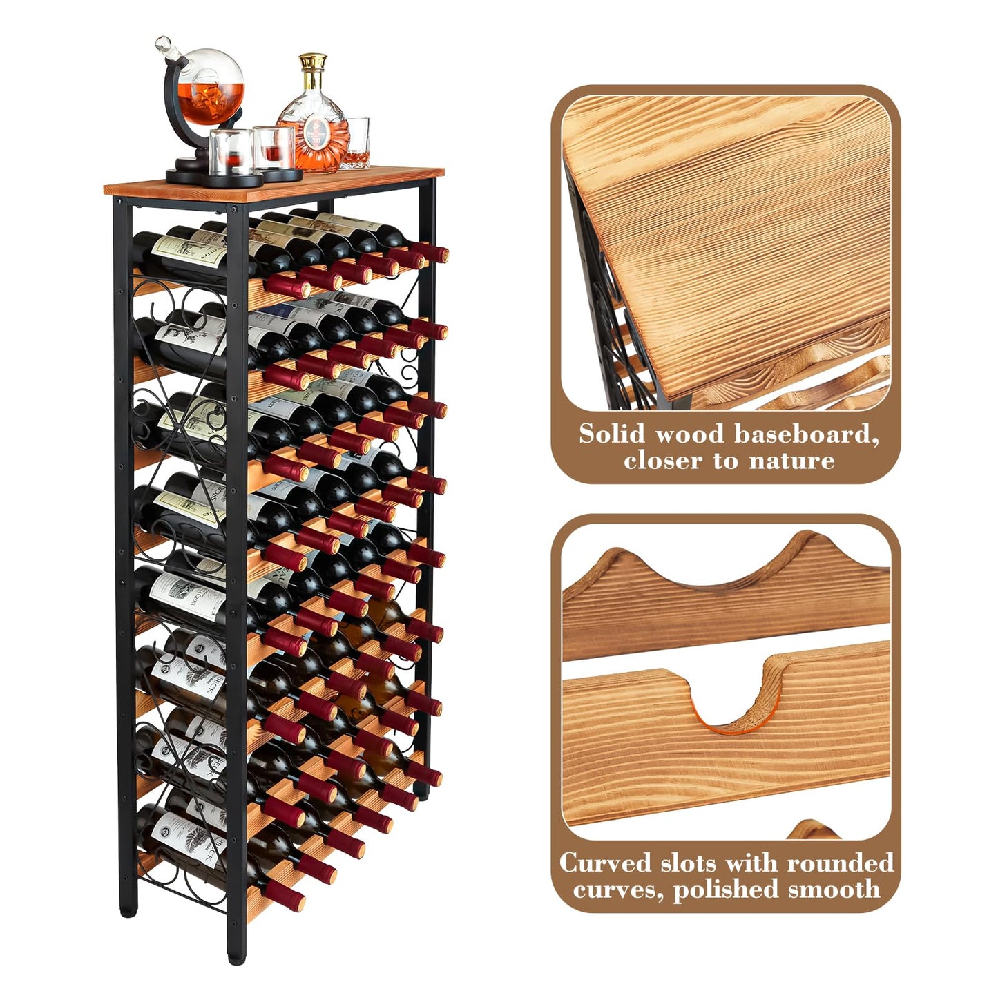 48 Bottles Floor Wine Rack with Wood Top, Freestanding Wine Bottle Organizer Shelf, Wobble-Free 8 Tier Wine Display Storage Stand for Kitchen Pantry, 25.2''L x 10.7''W x 47.2''H