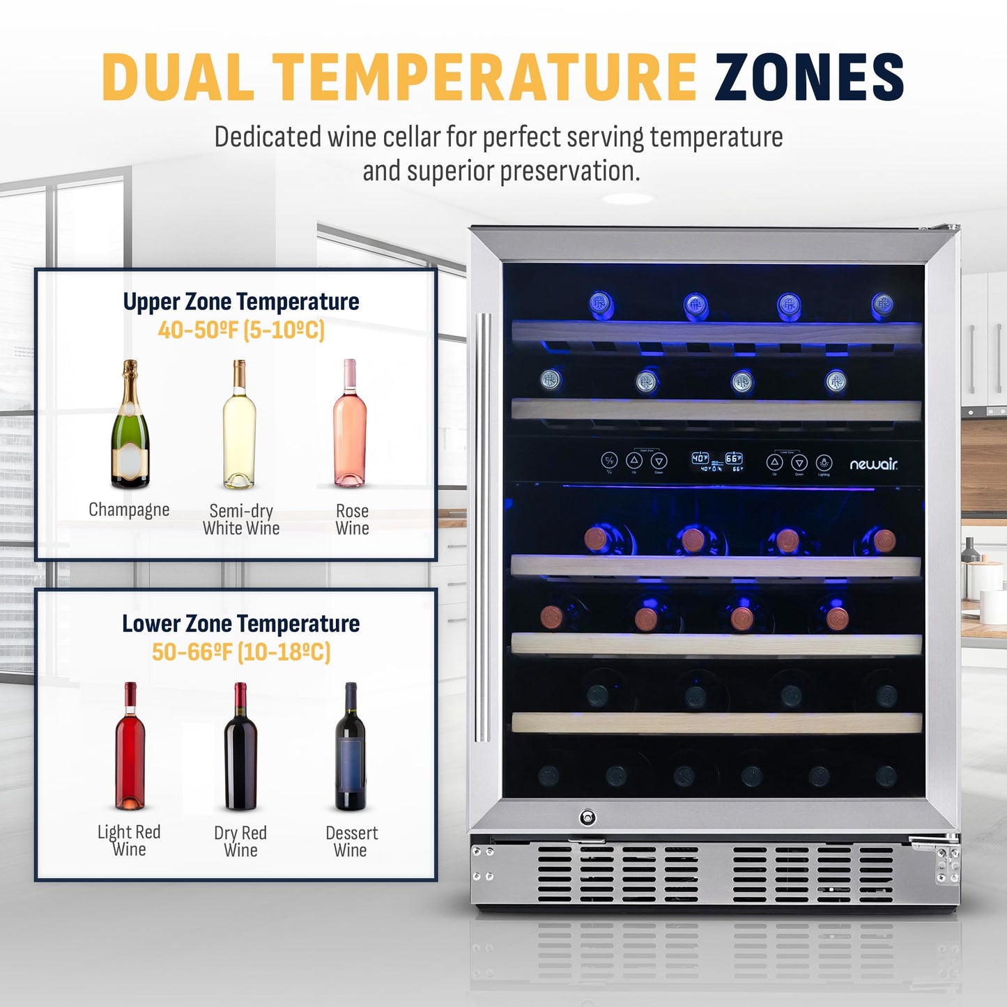 NewAir 24" Wine Cooler, 46 Bottle Dual Zone Wine Refrigerator, Built-in Small Wine Fridge | Stainless Steel Mini Fridge with Lock and Recessed Kickplate, for Home Kitchen Cabinet, Bar Cabinet