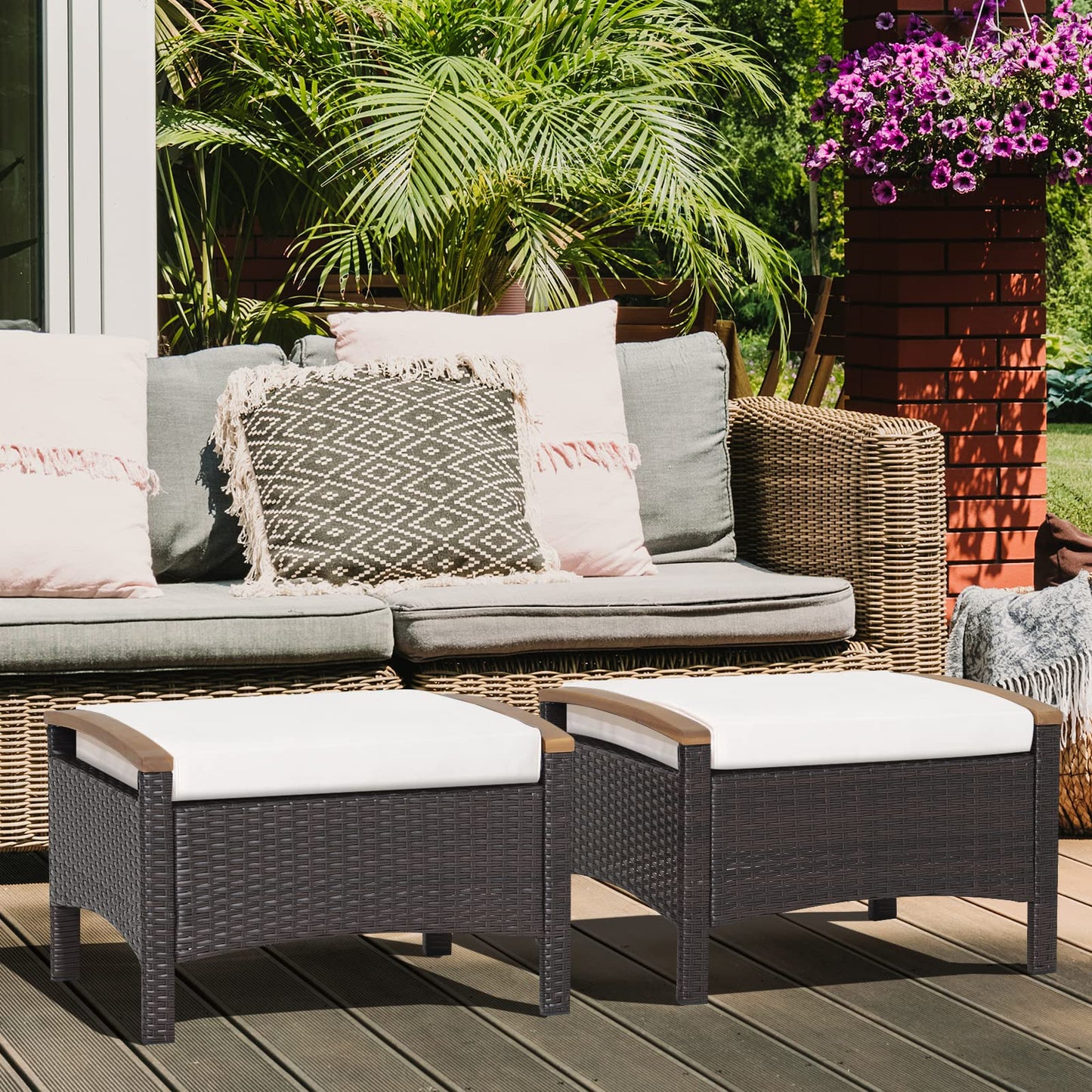 RELAX4LIFE Outdoor Wicker Ottomans for Patio - 2 Pieces PE Rattan Ottoman, Footrest Seat with Zippered Cushions, Acacia Wood Handles, 3-in-1 Footstool, Side Table for Poolside, Backyard (Off White)