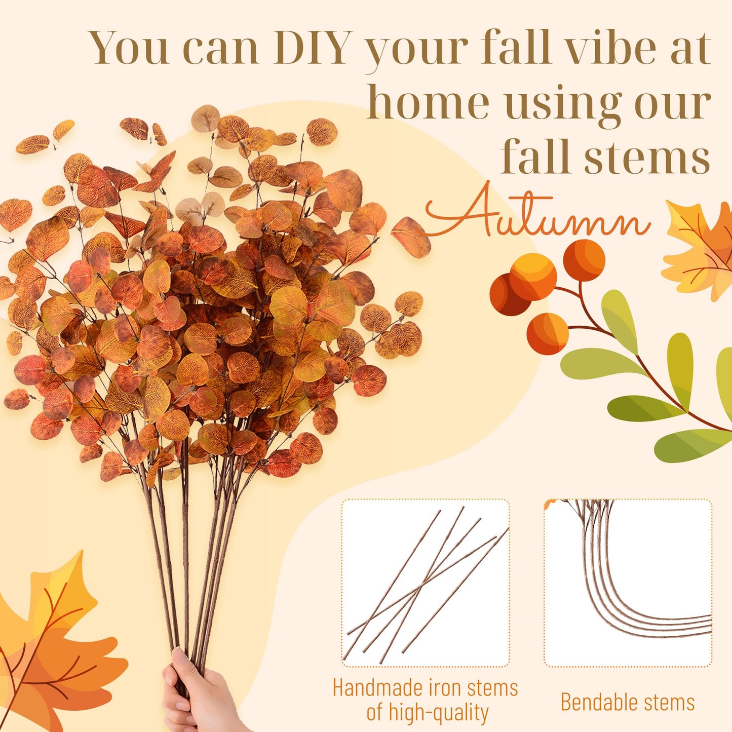 YNYLCHMX 6 Pieces Fall Picks Fall Stems Faux Artificial Eucalyptus Stems Golden Eucalyptus Picks Fall Floral Stems Leaf Spray Autumn Picks