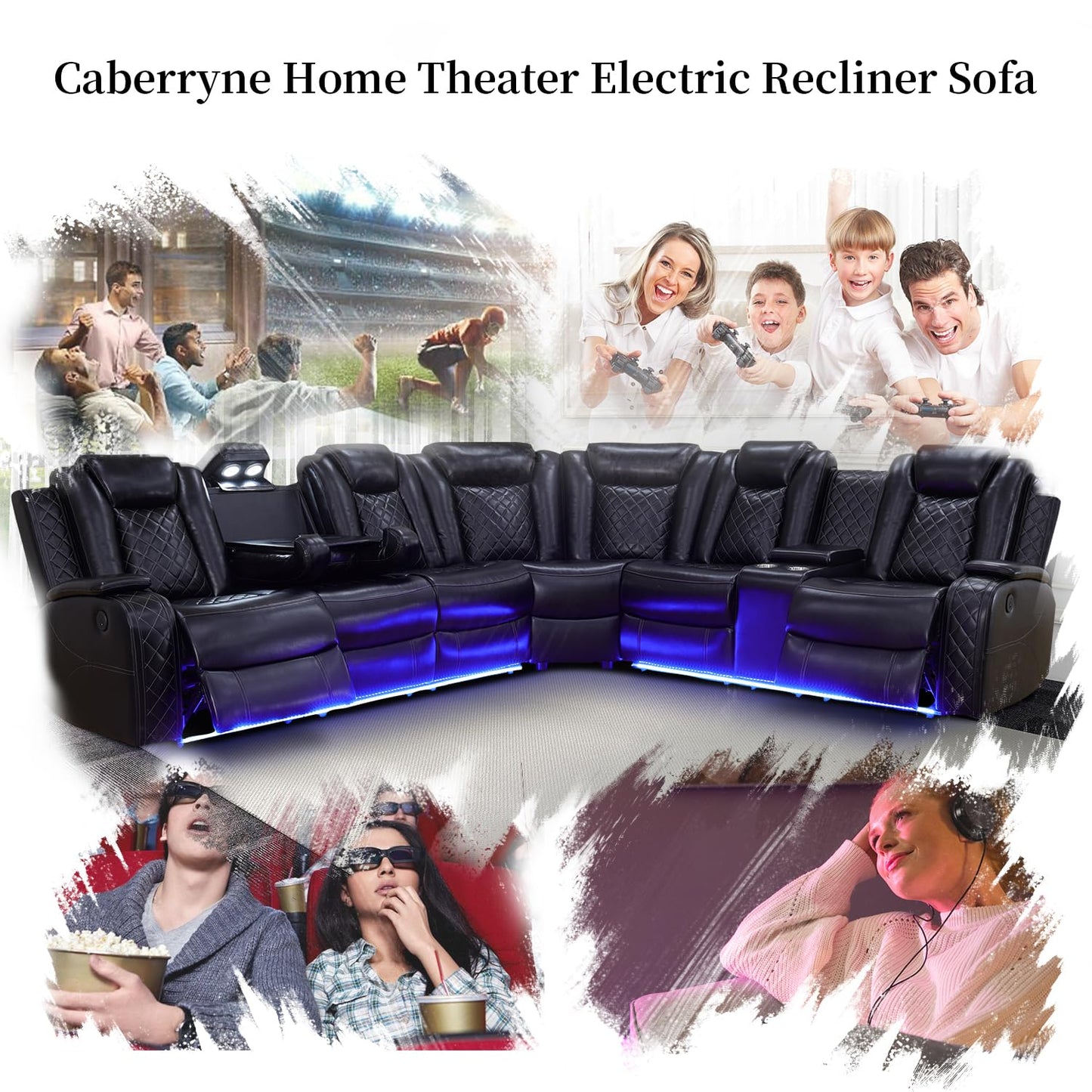 Caberryne Power Recliner Sofa Sectional Couches with LED Light for Living Room,Leather Reclining Corner Sectional Sofa with 2 Recliner Seats,Cup Holder,Storage Console for House/Home Theater, Black