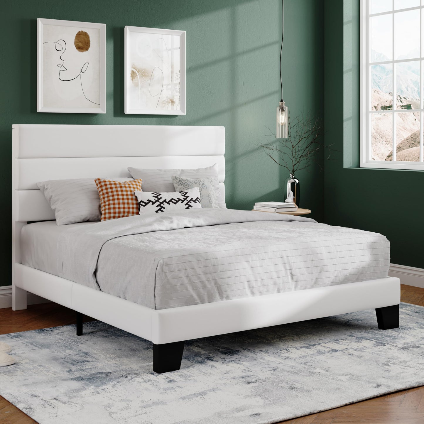 SHA CERLIN Full Platform Bed Frame with Velvet Upholstered Headboard, Mattress Foundation with Strong Wooden Slats Support, No Box Spring Needed, White