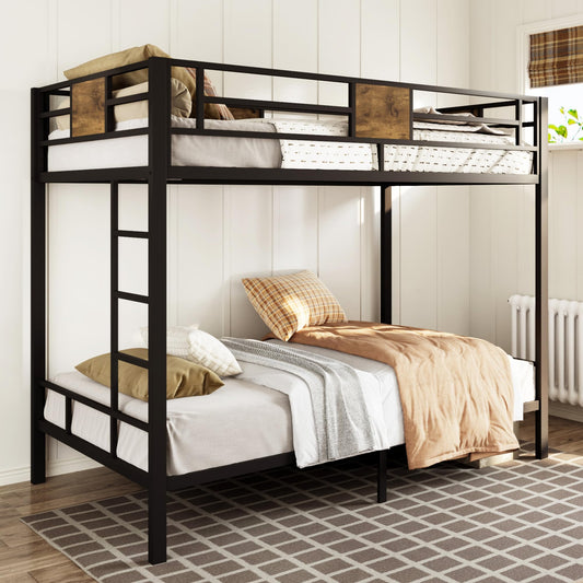 Allewie Twin Over Twin Bunk Bed with Rustic Wooden Accents, Sturdy Metal Frame, Space-Saving Design, Noise-Free, Black