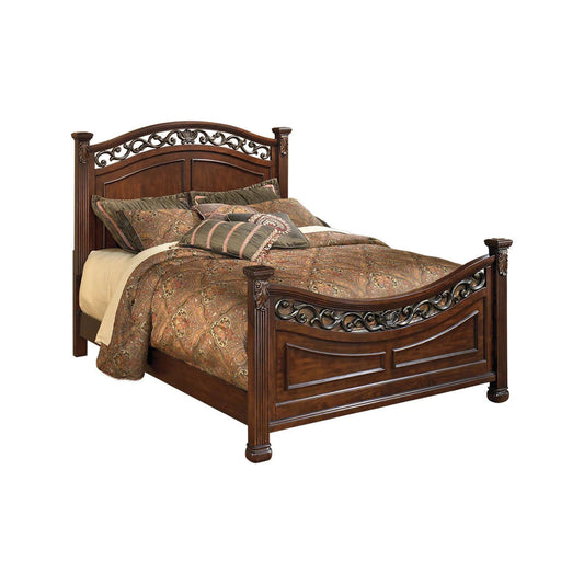 Benjara Aza Traditional Wood California King Bed, Leaf Carvings, Rich Cherry Brown