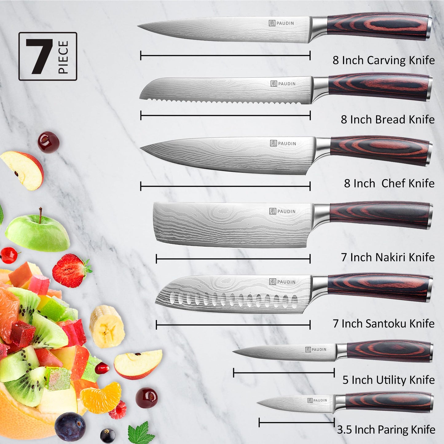 PAUDIN Chef Knife Set, 7 Pieces Kitchen Knife Set, High Carbon Stainless Steel, Ultra Sharp Knife Set, Professional Knives Set for Kitchen with Pakkawood Handle