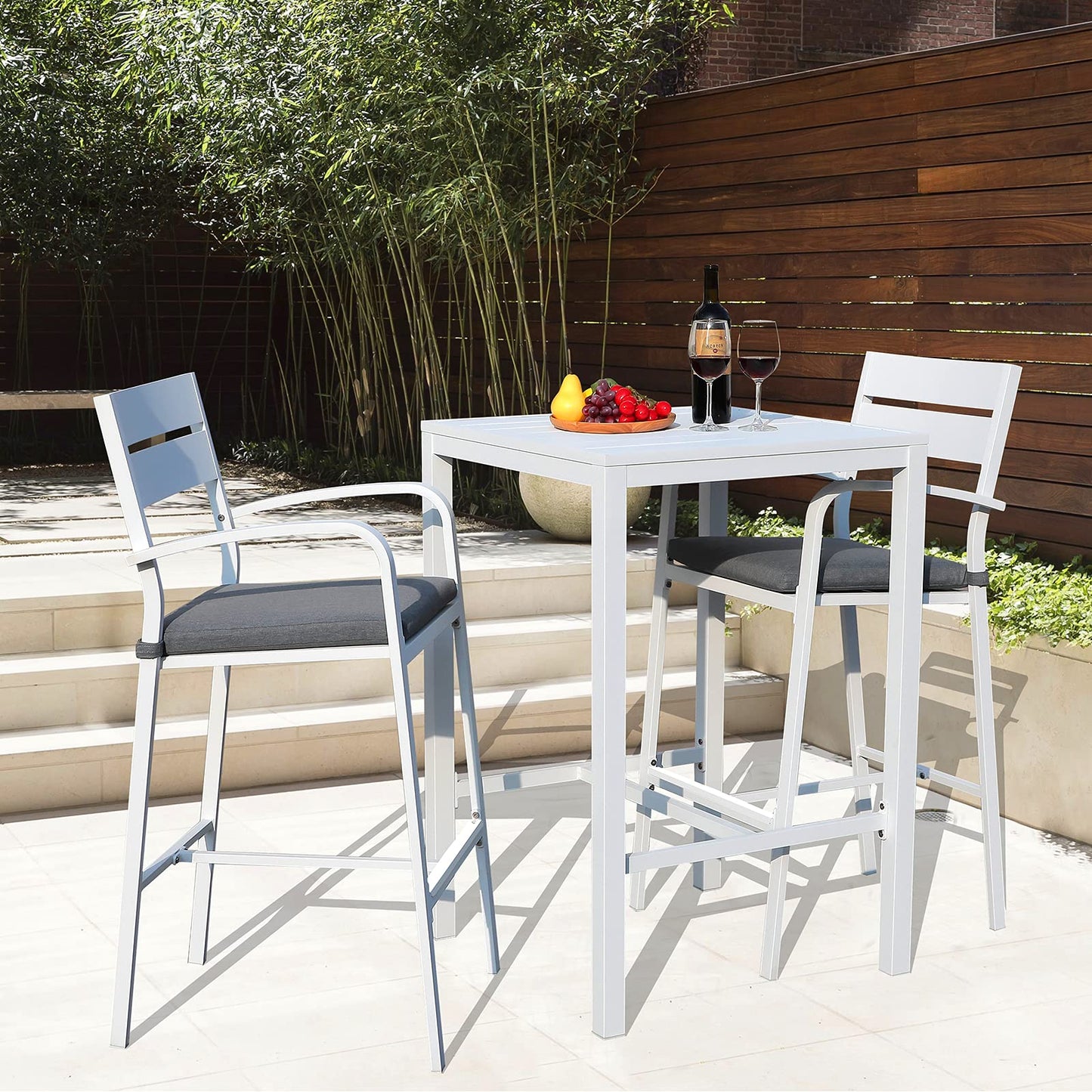 Soleil Jardin Aluminum Outdoor Bar Set, 3-Piece Outdoor Bar Height Table and Chairs Set, Counter Height Bar Stools with Cushions & Slatted High Top Bar Table for Patios, Backyard, Poolside, White