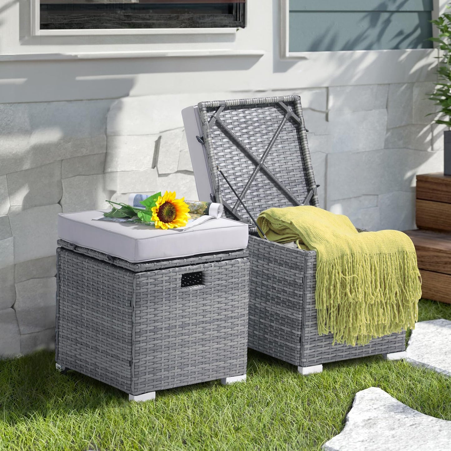 Patiorama 2 Piece Outdoor Patio Ottomans,All-Weather Grey PE Rattan Wicker Ottoman with Storage,Outdoor Footrest Footstool Seat w/Thick Cushion,Built-in Handle for Backyard Poolside Porch (Light Grey)