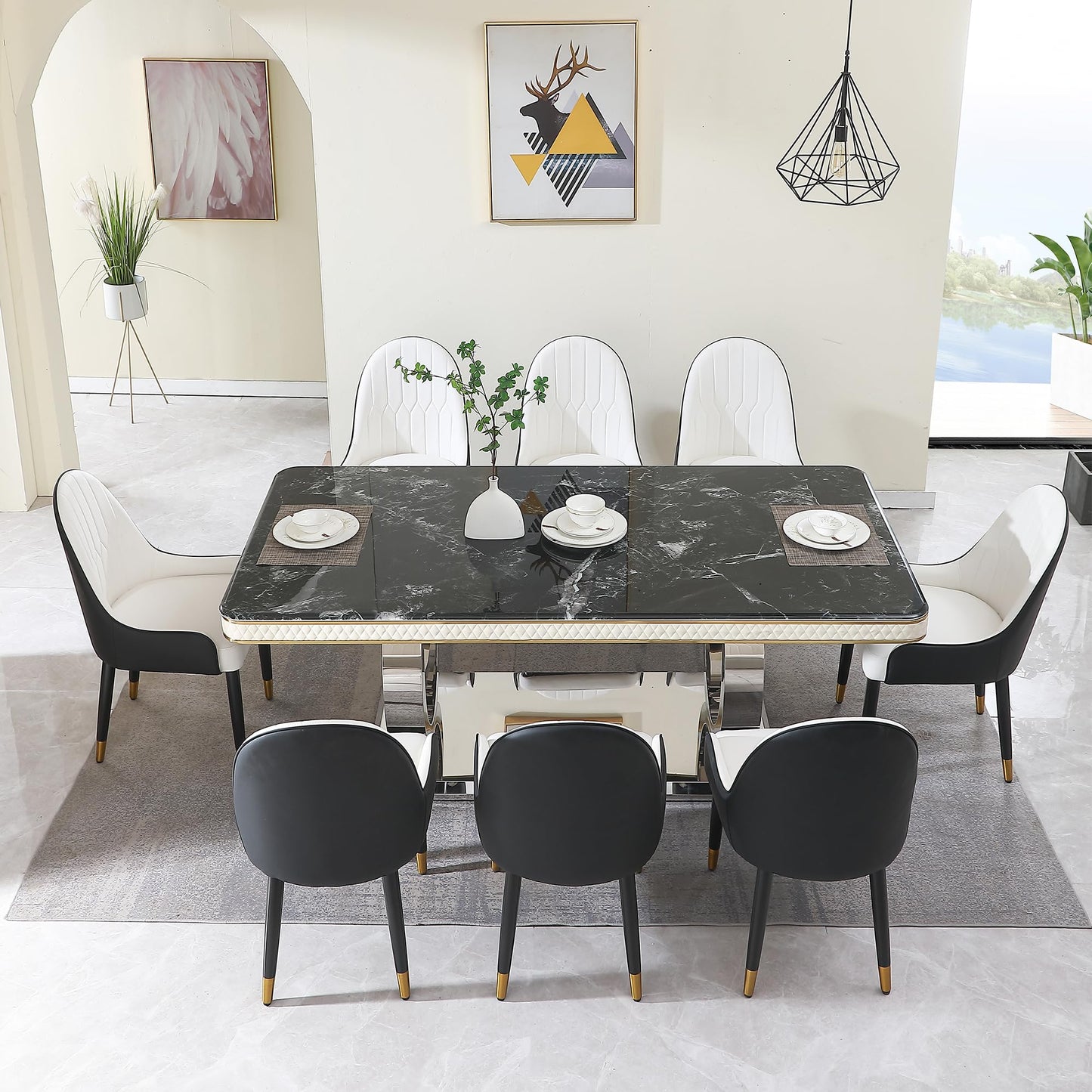 Montary 9 Piece Dining Table Set, Contemporary Modern Dining Table Set of 8, Includes 79" Rectangular Marble Dining Table, 8 Black and White Dining Chairs for Home, Kitchen, Dining Room