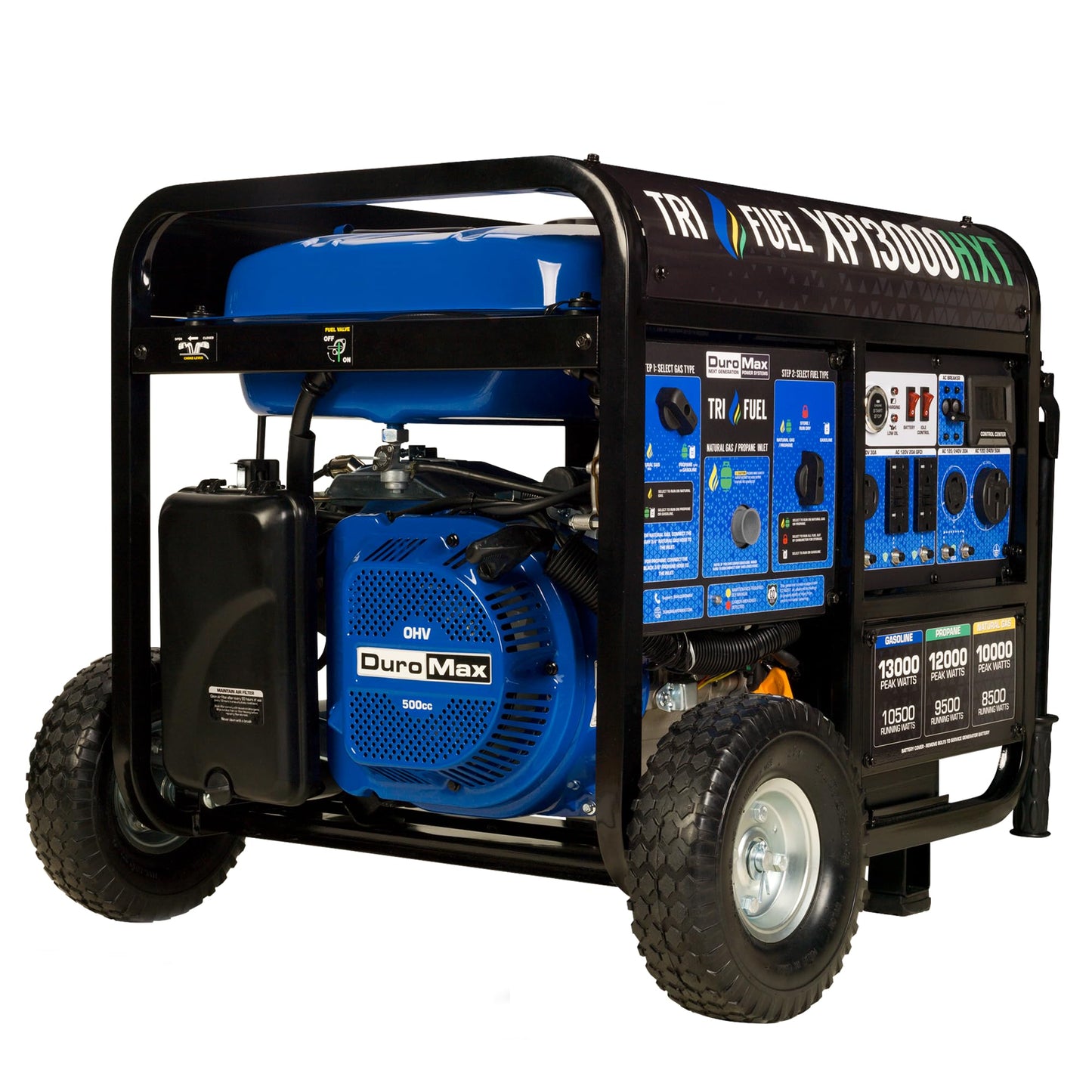 DuroMax XP13000HXT 13,000-Watt 500cc Tri Fuel Gas Propane Natural Gas Portable Generator with CO Alert, Black/Blue