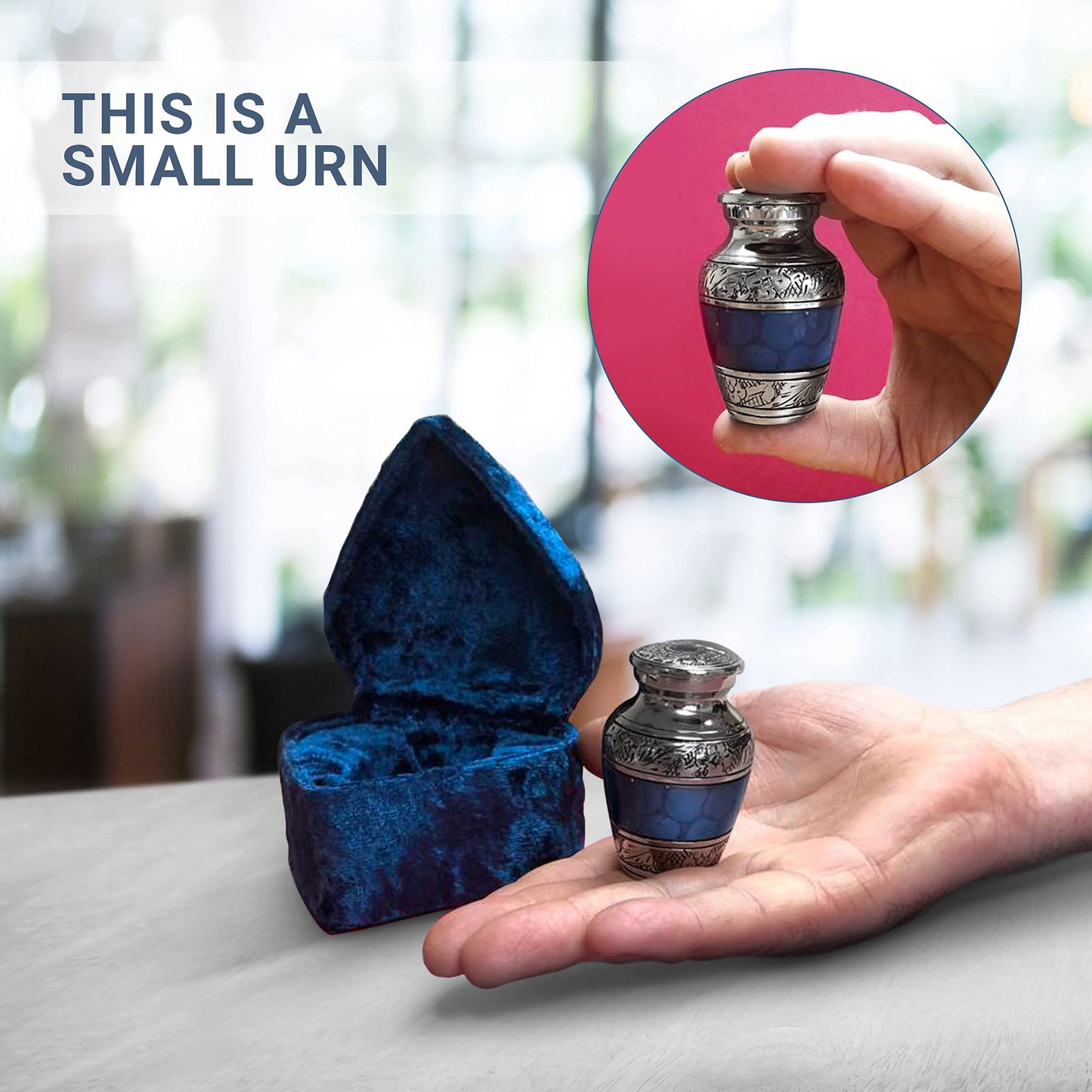 Small Keepsake Cremation Urns for Human Ashes with Velvet Heart Case and Funnel - Beautiful Peaceful Dark Blue Brass Hand Engraved Mini Memorial Urn