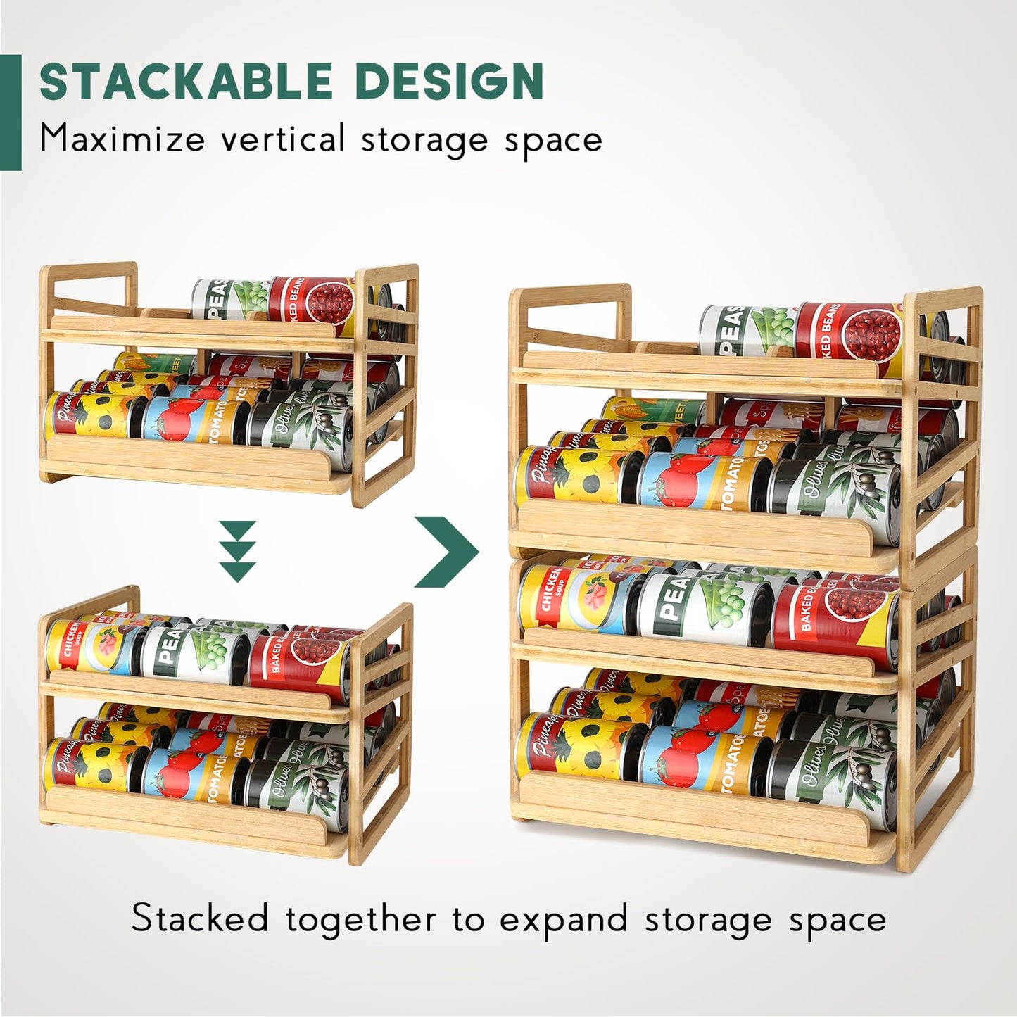 Yumkfoi Rolling Bamboo Can Organizer Rack, Stackable Double-Layer Can Organizers and Storage For Pantry, Canned Goods Holder Dispenser For Countertop Kitchen Cabinet or Pantry Shelf