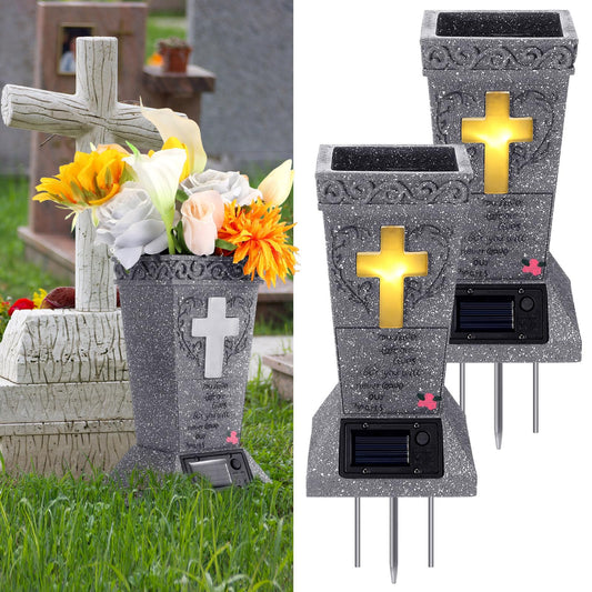 DoubleFill 2 Pcs Solar Cemetery Grave Vase with LED for Fresh Artificial Flowers Headstones Vases with Spikes Grave Decorations for Cemetery Grave Markers Decor Memorial Gifts for Loss of Loved One