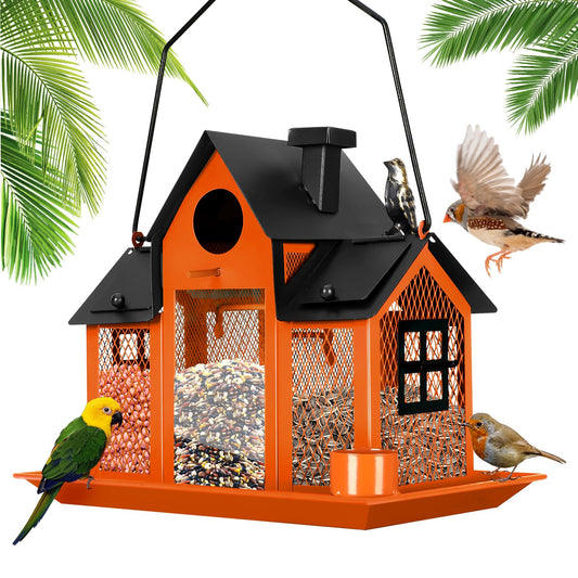 Solar Bird Feeders House for Outside Hanging, Metal Wild Bird Feeder for Outdoors Large Capacity Cardinal Birdfeeder Birdhouses Metal Bird Feeding Station Orange