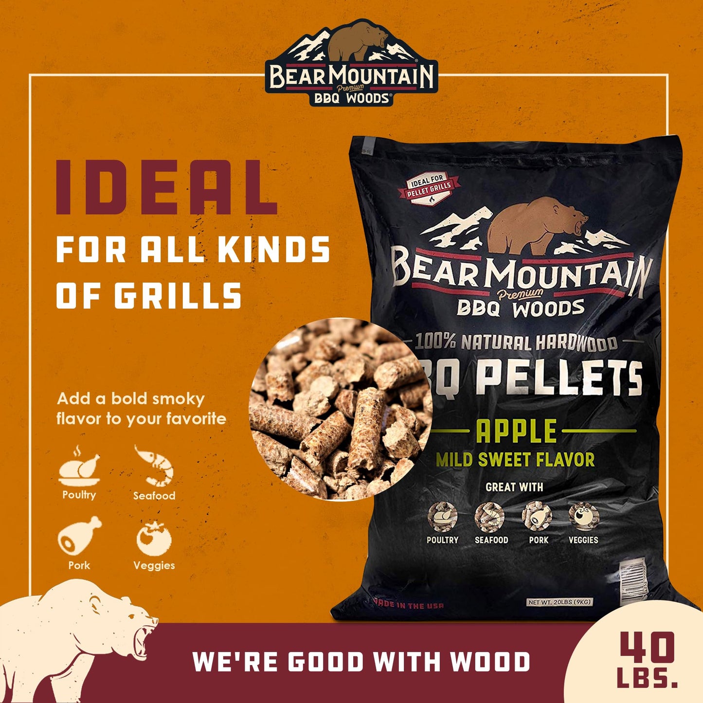 Bear Mountain All Natural Wood Pellets for Smoker, Grill & BBQ, 40 Lbs, Apple