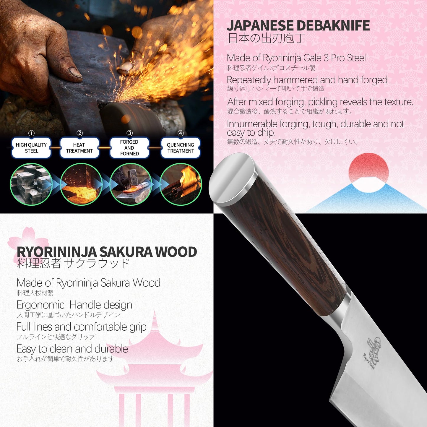 RyoriNinja Dexter Deba Knife 8inch Japanese Steel Kitchen Chef Knife, Professional stainless Steel Fish Fillet Knife for cooking with Gift Box for Men and Women(8 inch)