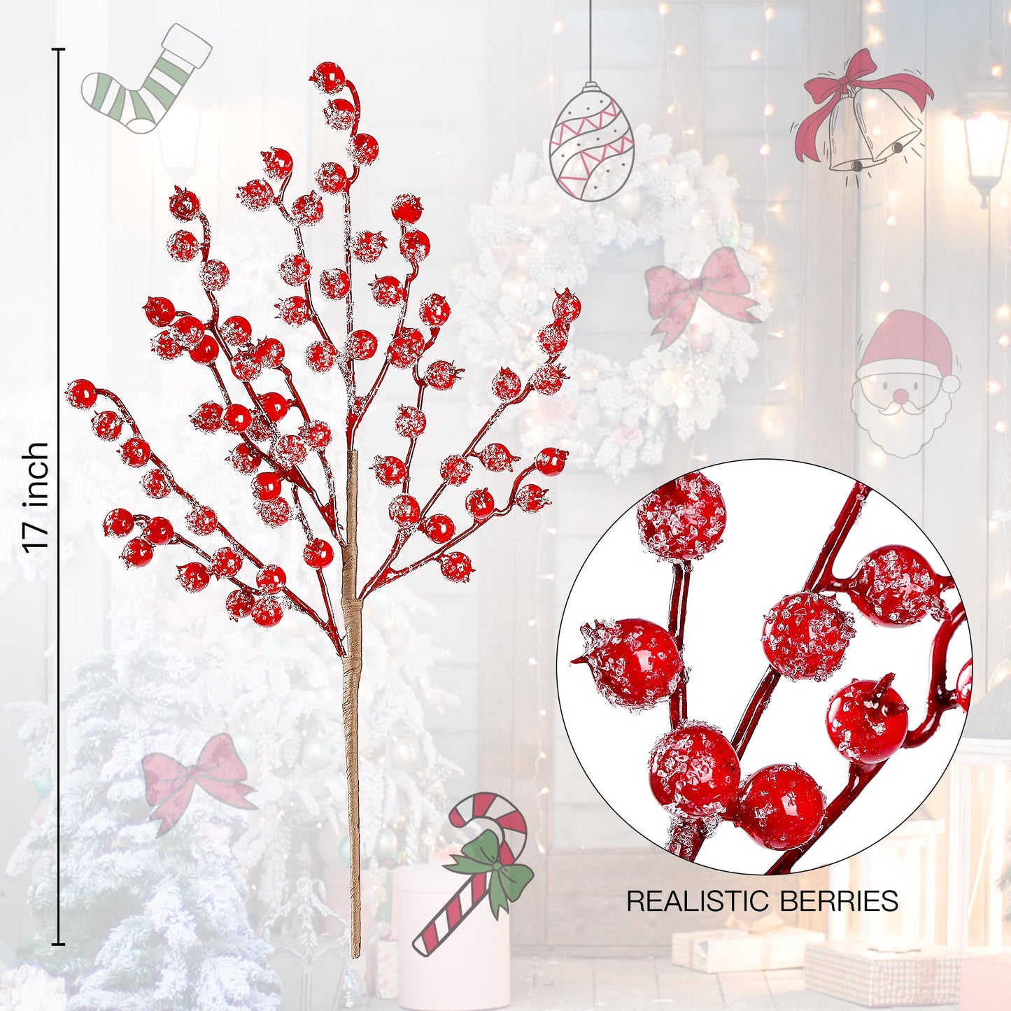 Sggvecsy 6 Pack Snow Frosted Artificial Red Berry Stems Snowy Christmas Red Berries Holly Berry Branches 17 Inches Fake Berry Picks for Floral Arrangements Christmas Tree Holiday Home DIY Crafts Decor