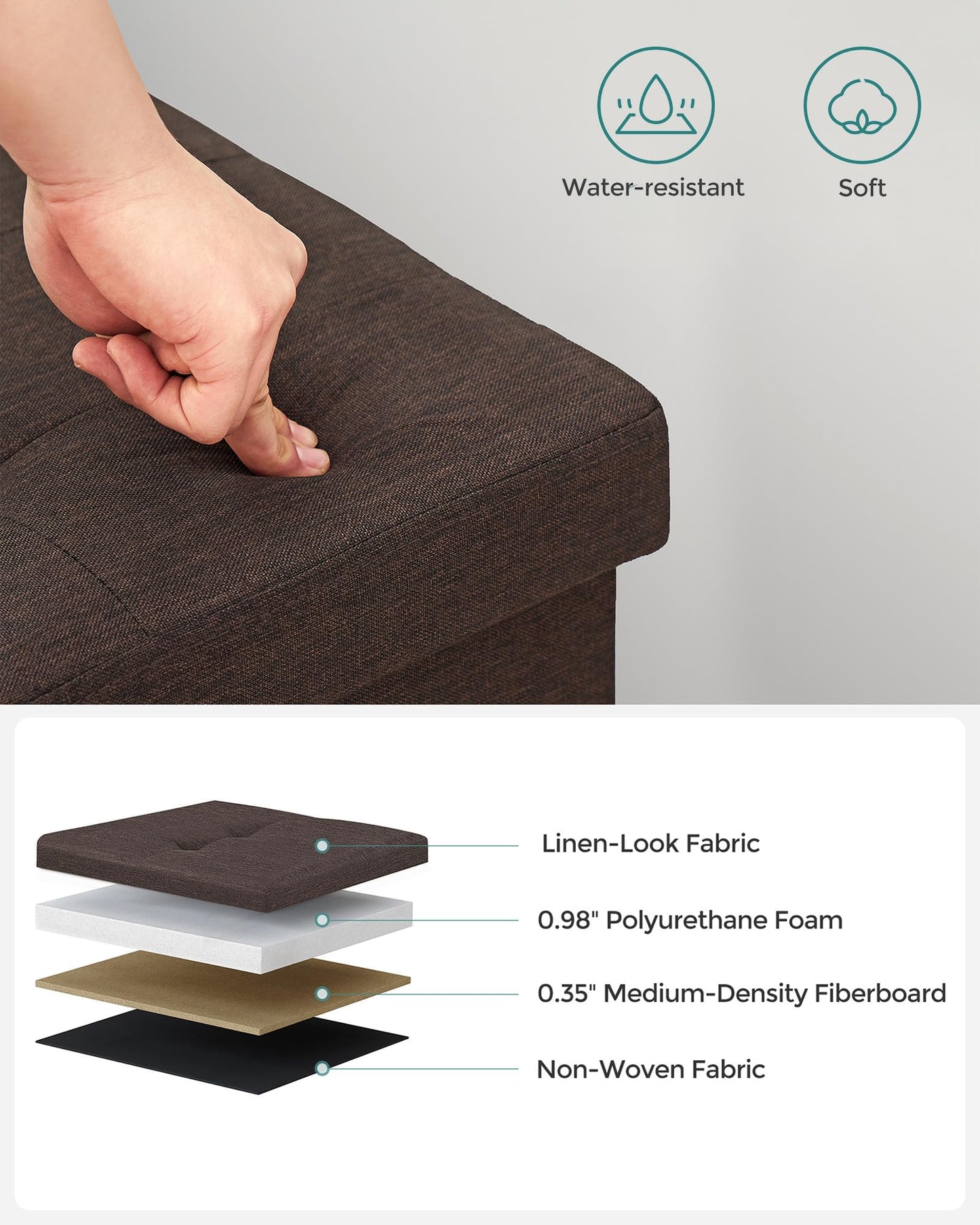 SONGMICS Storage Ottoman Bench, Foldable Ottoman Foot Rest, 15 x 43 x 15 Inches, End of Bed Bench, Storage Chest, Load up to 660 lb, for Living Room, Bedroom, Entryway, Chestnut Brown ULSF77BR