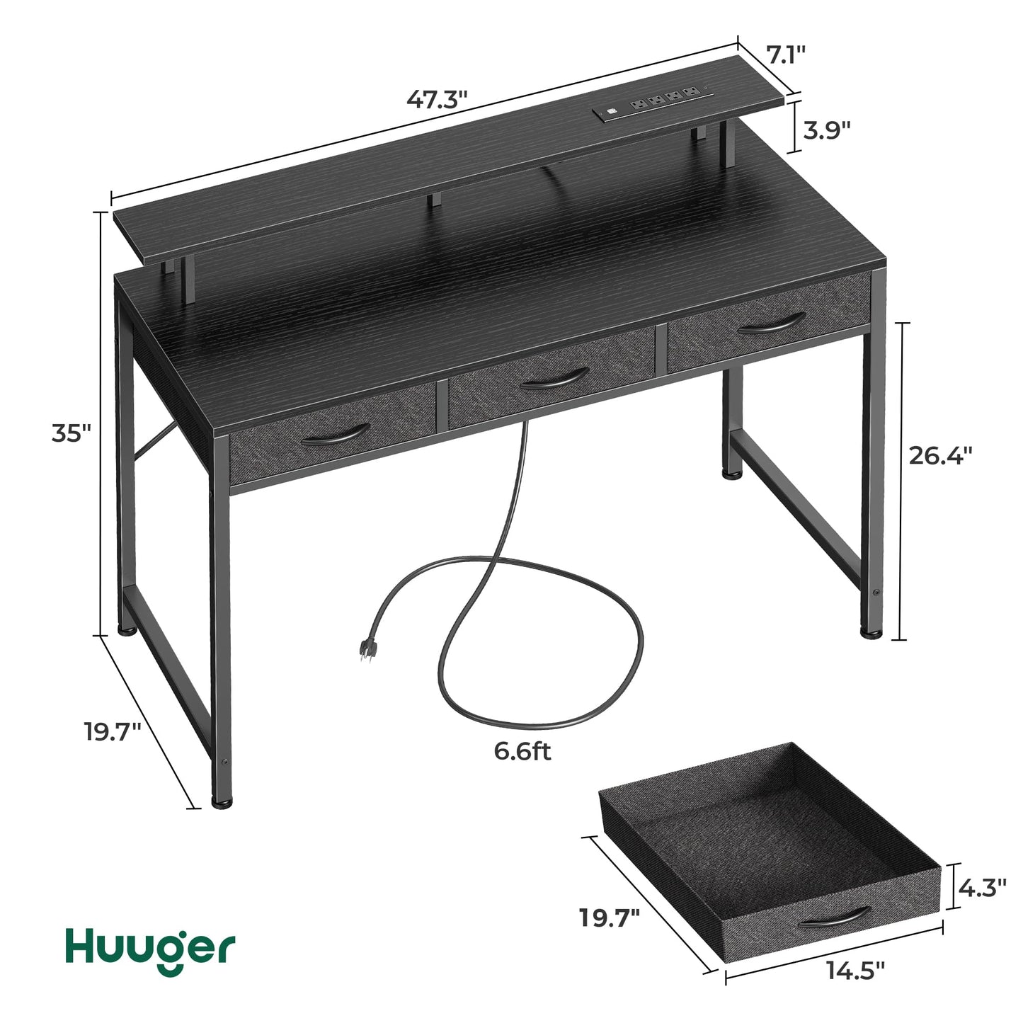 Huuger 47 inch Computer Desk with 3 Drawers, Office Desk Gaming Desk with LED Lights & Power Outlets, Home Office Desks with Storage Space for Bedroom, Work from Home, Black