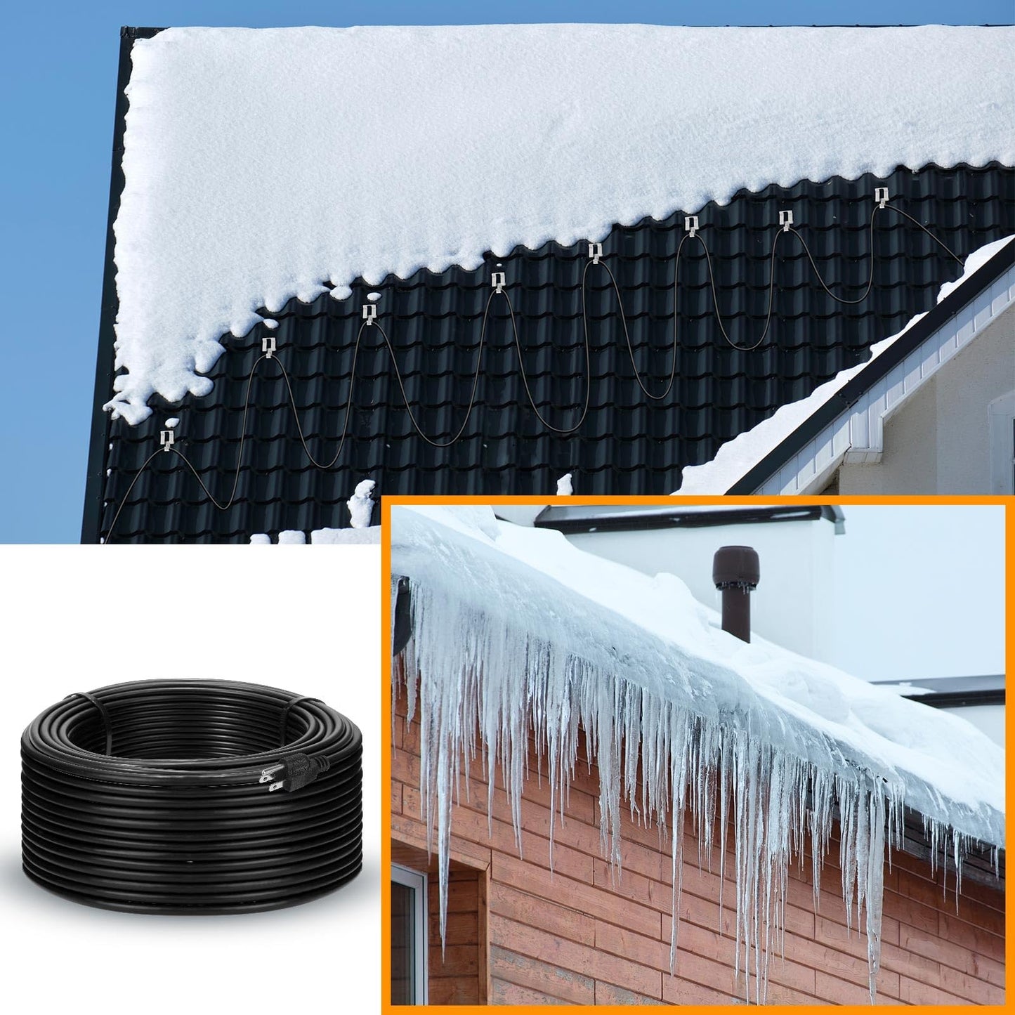 Retisee 200 ft Roof Snow Deicing Cable Kit 5 Watts Per Foot Deicing Heating Cable Plug in Heat Tape for Roof and Gutters with Mounting Buckle, 110V