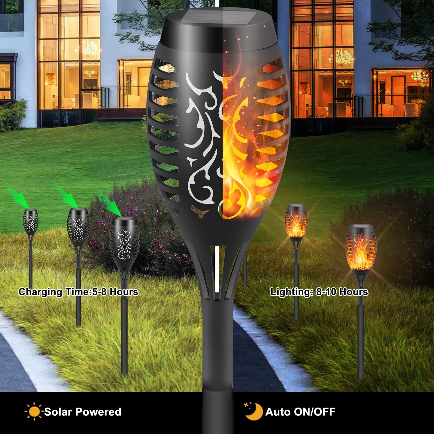 DIKAIDA 6 Pack Solar Lights Torches LED Flickering Flame Outdoor Waterproof Solar Powered Pathway Lights Landscape Lanterns Decoration Lighting Auto On/Off for Garden, Golden (Black)