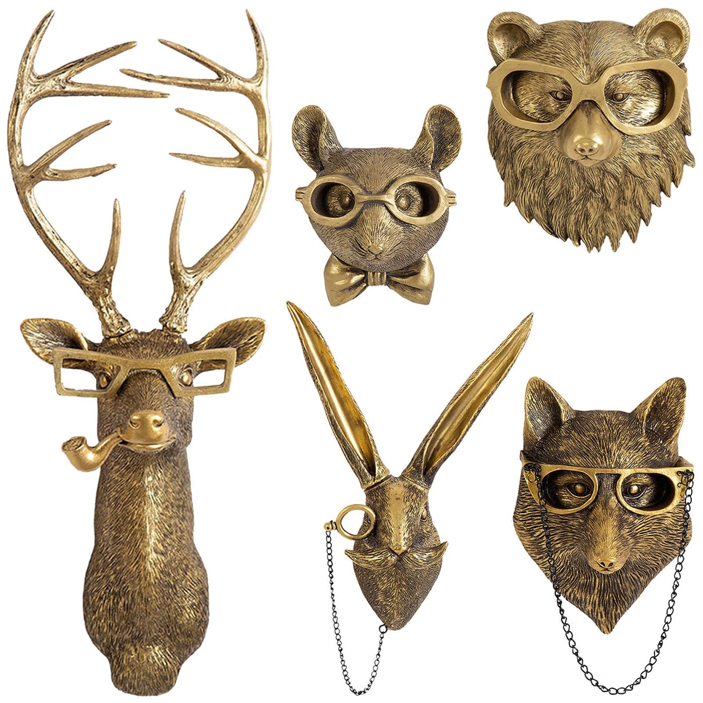 GUASDIE Animal Heads Wall Decor, Faux Deer Head Mount, Animal Sculptures Wall Decor, Resin Animal Head Wall Hanging Decoration for Living Room Bedroom Kitchen Gift,5pcs